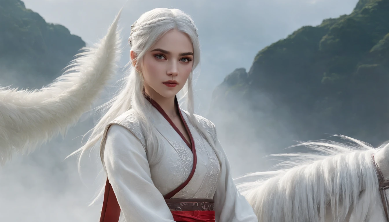 Cirilla Fiona Elen Riannon,动态照明,art stations,poster for,Volumetriclighting,Very detailed faces,4k wallpapers,He has a delicate and beautiful face,long hair flowing,horse tailed,Fringed Hair Ornament,Dynamic perspective,White Hanfu,White gauze flying,red waistband,Sexy,Tradition Chinese Ink Painting,Surrounded by clouds,fog atmosphere,Ride a white dragon,White dragon horn,dynamic viewing angle,电影灯光