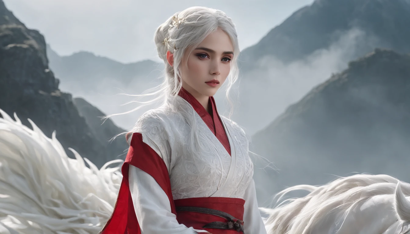 Cirilla Fiona Elen Riannon，动态照明，art  stations，poster for，Volumetriclighting，Very detailed faces，4k wallpapers，He has a delicate and beautiful face，long hair flowing，horse tailed，Fringed Hair Ornament，Dynamic perspective，White Hanfu，White gauze flying，red waistband，Sexy，Tradition Chinese Ink Painting，Surrounded by clouds，fog atmosphere，Ride a white dragon，White dragon horn，dynamic viewing angle，电影灯光