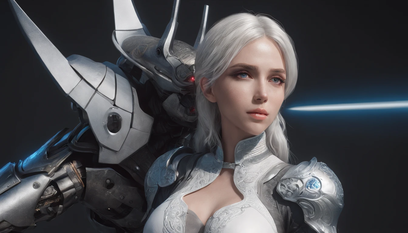 Cirilla Fiona Elen Riannon，Highest image quality，Outstanding details，超高分辨率，（Fidelity：1.4）, Favor the details，closeup cleavage，Ride a dragon，High-tech dragon knight mech，He has a delicate and beautiful face，（（Blue-white flying semi-mechanical fuselage：1.8）），Raised sexy，frontage，Cidade futuristica，mechanically aesthetic，Virtual Engine 5，Perfect detail rendering，rendering by octane，hyper HD