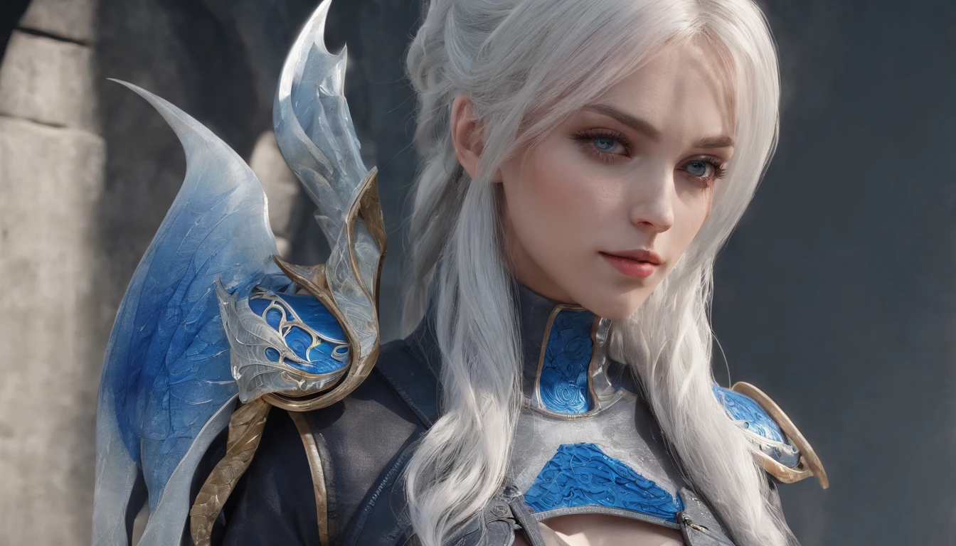 Cirilla Fiona Elen Riannon,Highest image quality,Outstanding details,超高分辨率,(Fidelity:1.4), Favor the details,closeup cleavage,Ride a dragon,High-tech dragon knight mech,He has a delicate and beautiful face,((Blue-white flying semi-mechanical fuselage:1.8)),Raised sexy,frontage,Cidade futuristica,mechanically aesthetic,Virtual Engine 5,Perfect detail rendering,rendering by octane,hyper HD