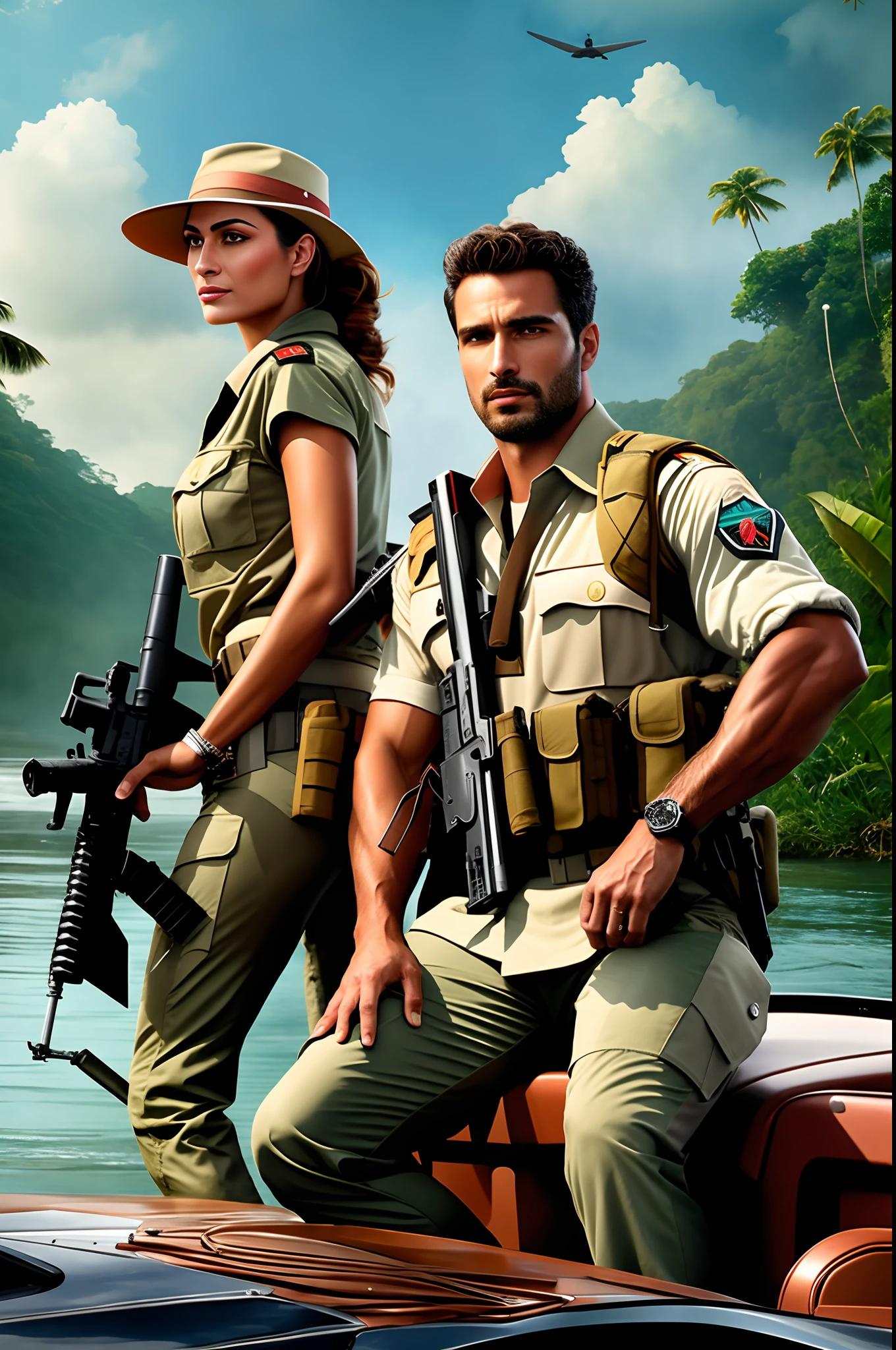 fotografia de um homem e uma mulher em roupas militares em um barco, lindo guarda florestal da selva, foto promocional, hiperrealista, wallpaper mobile, high definition details, fotografia, foto da sede, cartaz do jogo, foto de retrato, Mais detalhes, realismo de fundo, Tiago Edmiston, Cartaz Promocional do Jogo, Selvas ao fundo, foto do jogo, capa de romance, fotografia promocional, arte do jogo de capa, hiper-realista, alta resolução, cinemactic, 8k, realismo.