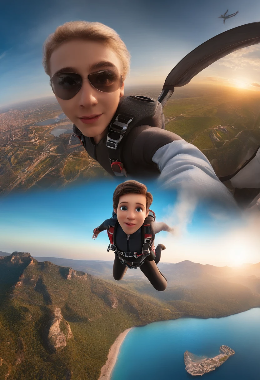 movie picture quality，Disney animation style，A -yeld boookie skydiver falls through the air, short detailed hair，skydiver outfit，depth of fields，high light，Real light，Ray traching，oc rendered，Hyper-realistic，best qualtiy，8K，Works of masters，super-fine，Correct anatomy，sharp focus on eyes，Facial features are carefully depicted, uncontrolled fall (best quality: 0.8), high drama, scared expression, digital art portrait, sunset, high-quality cityscape background, view from above.