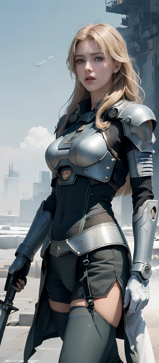 Masterpiece, Best Quality, Film, Official Art, Propaganda Art, Movie Wallpaper, Very Detailed CG Unified 4k Wallpaper, Intricate Details, White Background, Upper Body, Facial Focus, Concept Art, Production Art, ( , Highres, (realistic, photo-realistic:1.2), physically-based rendering, machinery, reflection, realistic, cyberpunk, symmetric front view close up head shot eyes symmetry face very sharp focus realistic award winning matte drawing movie light 1 boy, mecha, (Illustration: 1.1), slim, fair skin, delicate face, king robe, shine, tights, (long blonde hair), green eyes, battlefield, chip, shine, sword