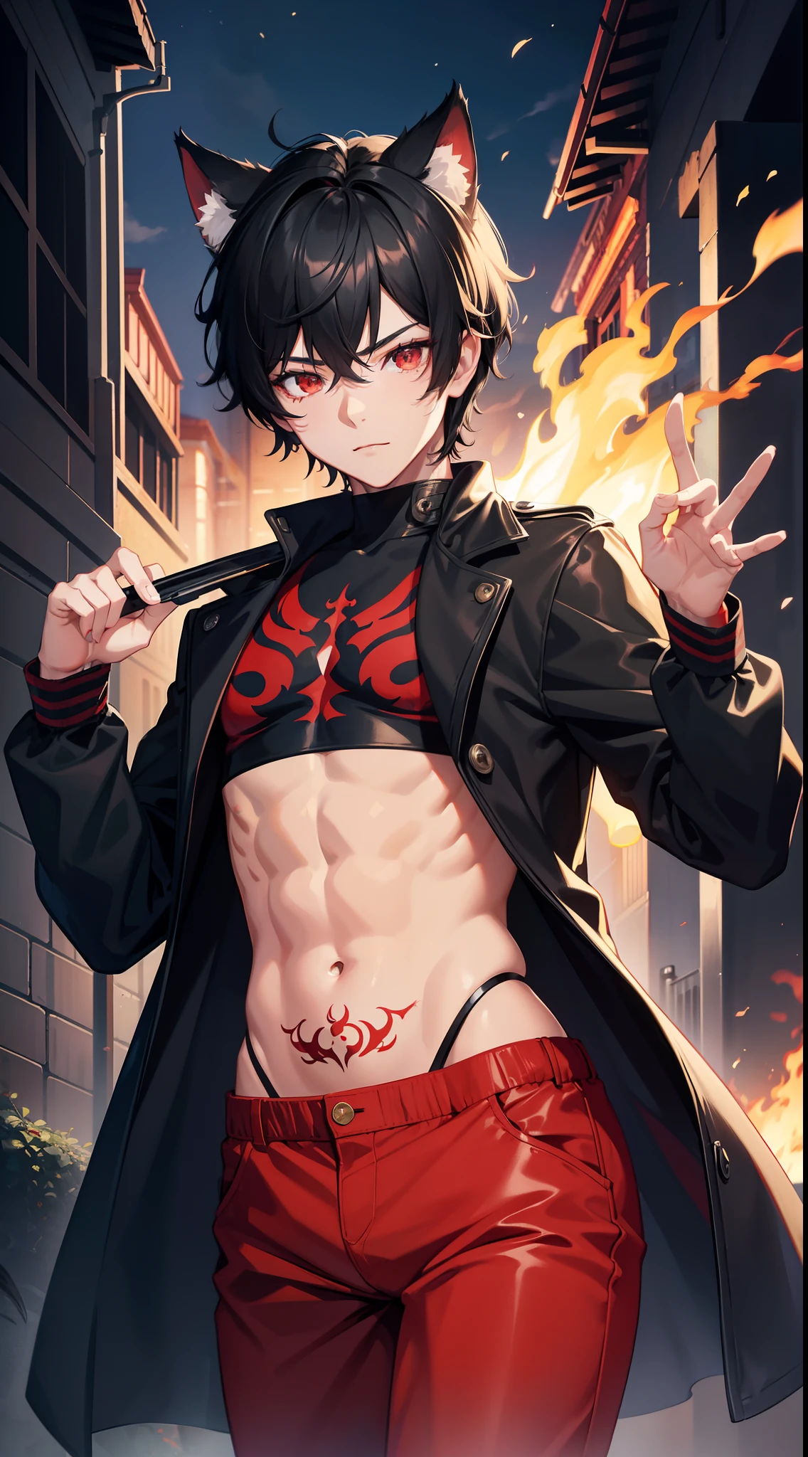 young boy, short black hair, cat ears, red eyes, tattoo, open torso, red pants, fire, Masterpiece, hiquality, 4k, HD, Good detail