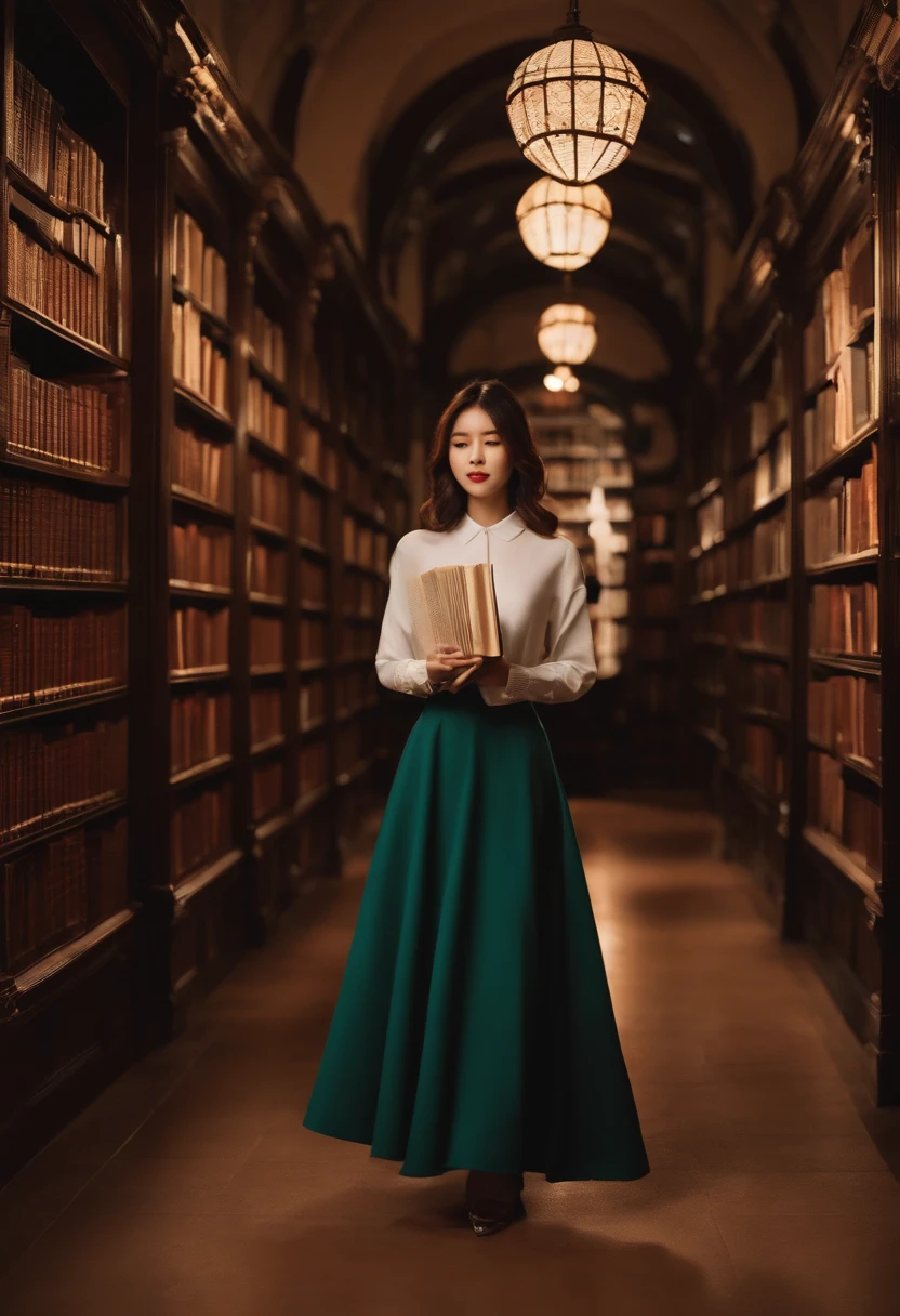I'm a female student, but my nationality is Korean, and I'm looking at a book in the library right now, and my friend comes to visit me, and I'm turning my head to my friend for a while, and my clothes are cool