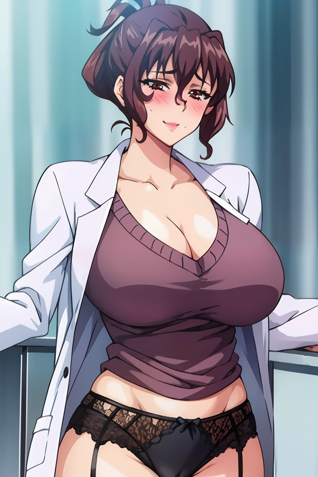 anime style, Aiko Katsuragi, best quality, high resolution, mature female, milf, 1girl, arms lift, large breasts, labcoat, garter belt, makeup, lipstick, brown eyes, folded ponytail, brown hair, cleavage, eyeliner, eyeshadow, (caring look:1.1), smile, look at viewer, (vulgarity:1.4), (nose  blush), medical room, vivid colors, cowboy shot