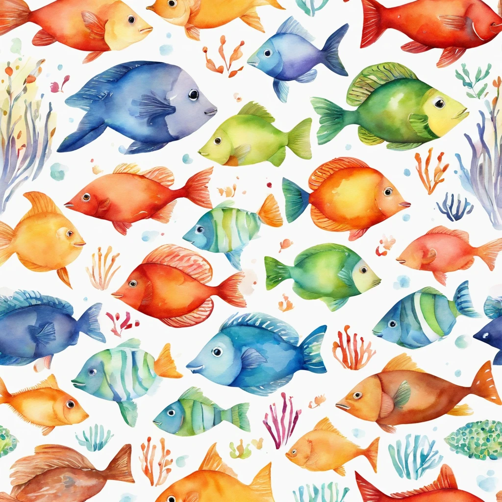 simple, vector, 4k, cheerful, flat background, illustration, under water, sea, kids background, colorful, reef, flat color, cute cartoon fish, seamless