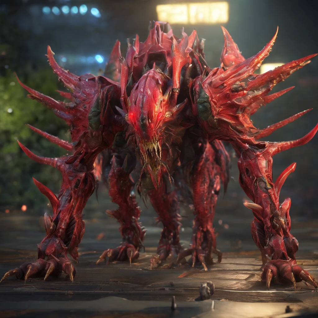 Close-up of a red zerg behemoth with big fangs, zerg, Zerg StarCraft, A scene from the《StarCraft》, space insect android, insect like, Shogoth, changelingcore, Creature - Mecha face, Swarms of mutant organisms, zerg hydralisk, detailed maw, Alien biological weapons, nanotech demonic monster horror, detailed hot maw, Alien hive，Poisonous luminous bugs，
