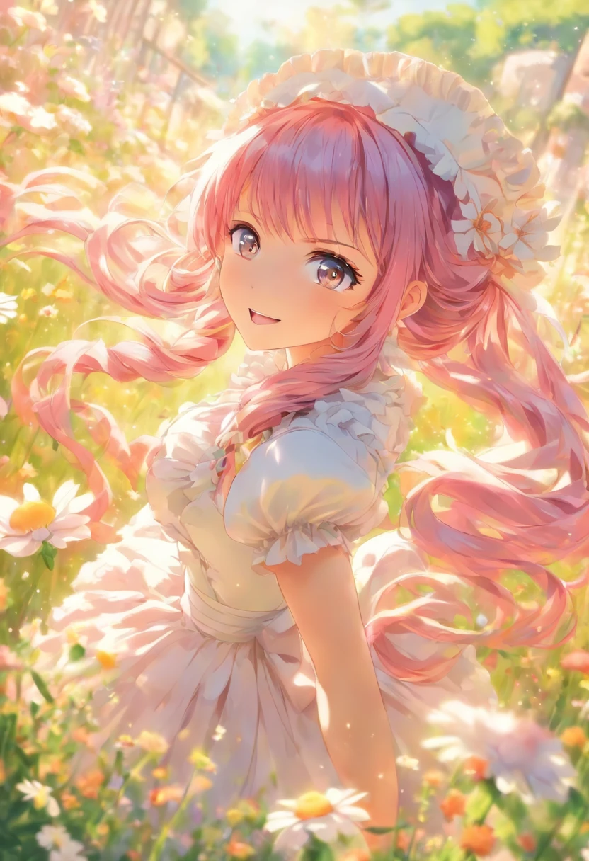 Flowering meadow,garden,Anime girl wearing maid costume in flower field, Beautiful maiden in maid outfit, Official anime artwork, In the garden,A pink-haired,long light pink hair,maid headdress,Pink eyes,anime visual of a cute girl, beautiful age girl, cute anime waifu in a nice dress, anime key visual of elegant, offcial art, Long hair pink hair anime girl, Kushatt Krenz Key Art Women