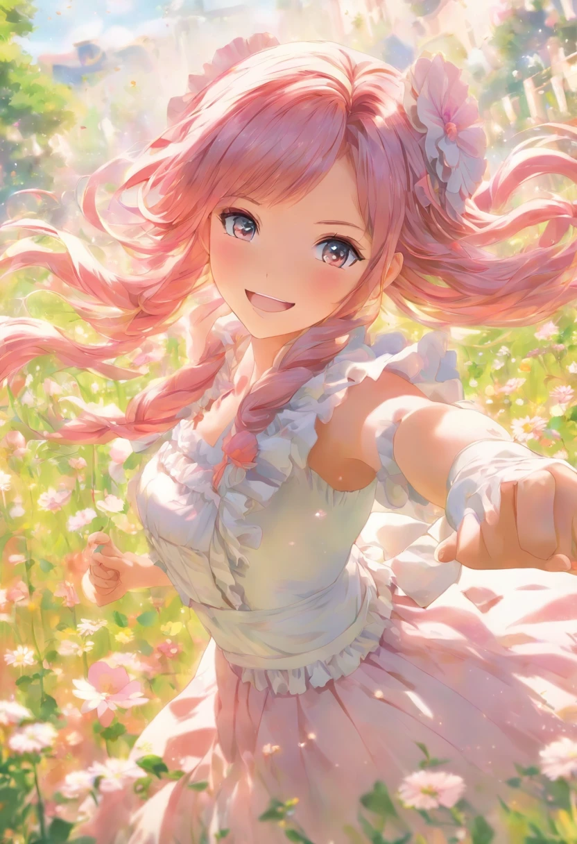 Flowering meadow,garden,Anime girl wearing maid costume in flower field, Beautiful maiden in maid outfit, Official anime artwork, In the garden,A pink-haired,long light pink hair,maid headdress,Pink eyes,anime visual of a cute girl, beautiful age girl, cute anime waifu in a nice dress, anime key visual of elegant, offcial art, Long hair pink hair anime girl, Kushatt Krenz Key Art Women