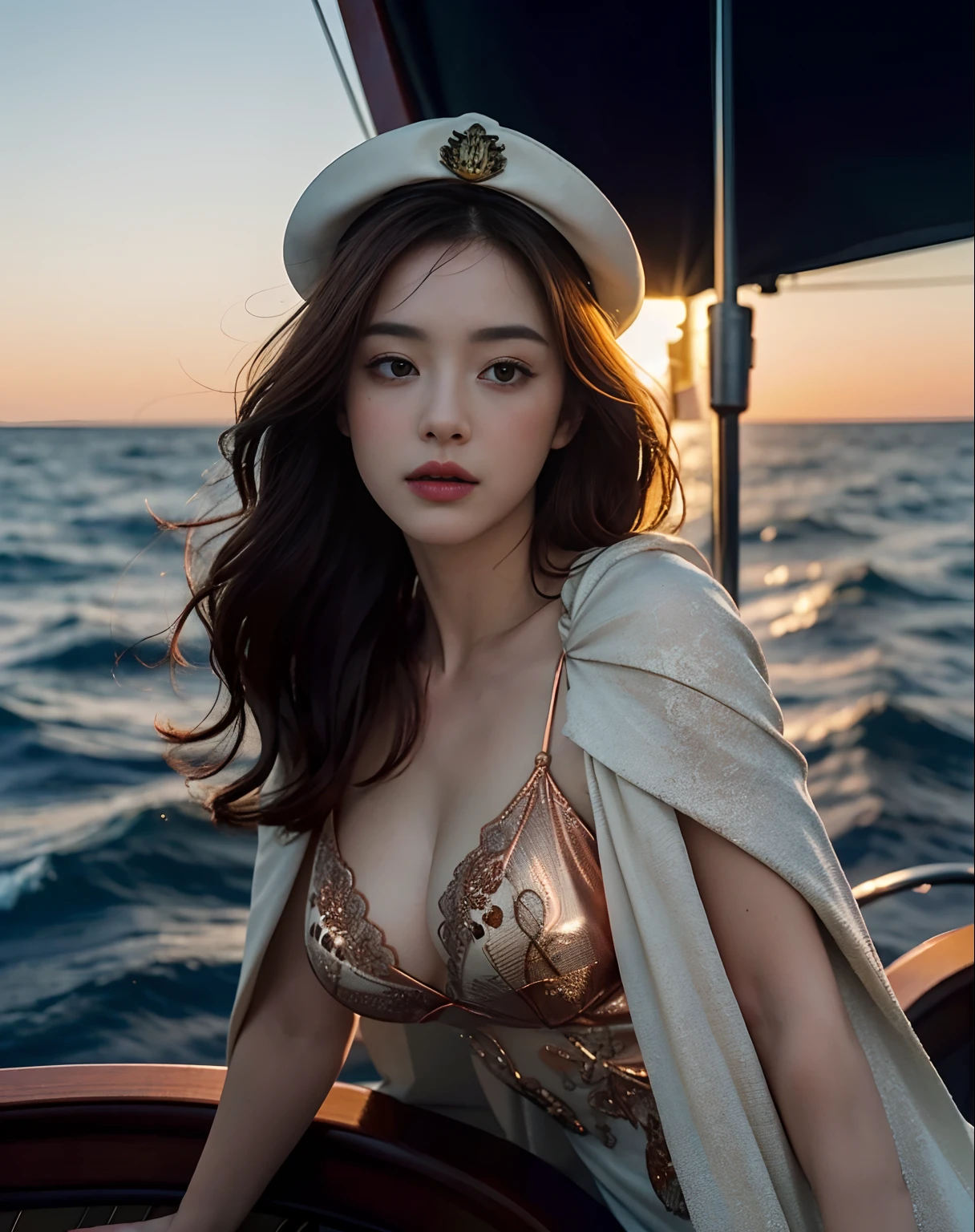 Masterpiece, Best quality, (Beautiful, Aesthetic, Perfect, Delicate, Intricate:1.2), 1 girl, Adult (flod:0.7) woman, Copper half upper half lower hairstyle, Solo, Upper body, Looking down, Detailed background, breitling, Serious, deep v big breasts, elegant cape, captain hat, decorations, Dynamic pose, on the deck of a ship, anchor, Waves on the horizon, dawn, Dramatic lighting, Epic atmosphere,