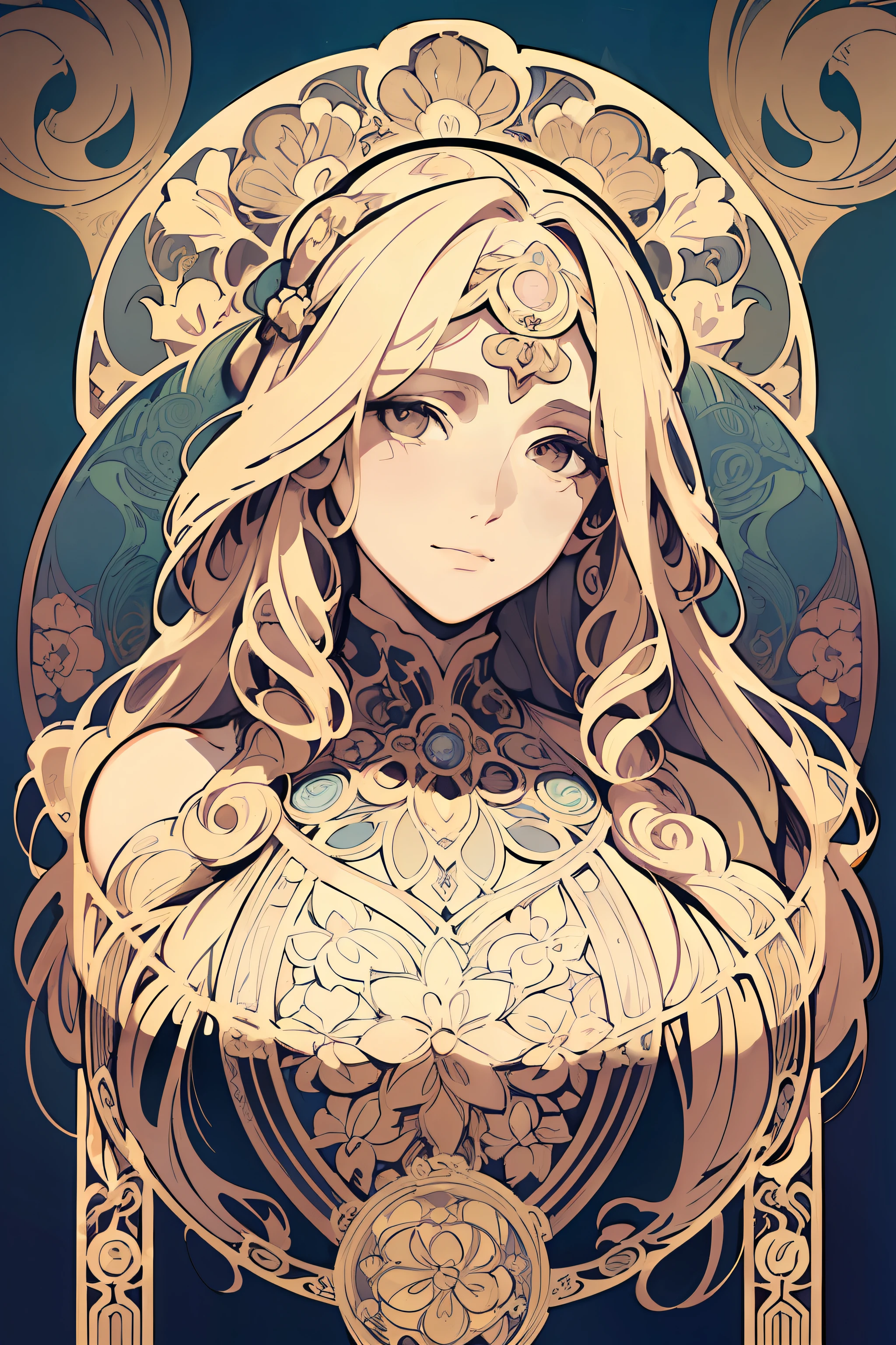 face portrait of a European female , long curly hair, blond, floral frame, Decorative panels, abstract
artistic, by Alphonse Mucha
(Masterpiece, Best Quality, Highres:1.4), Detailed, Intricate Details, 4K, color splashes, line art, fibonacci,