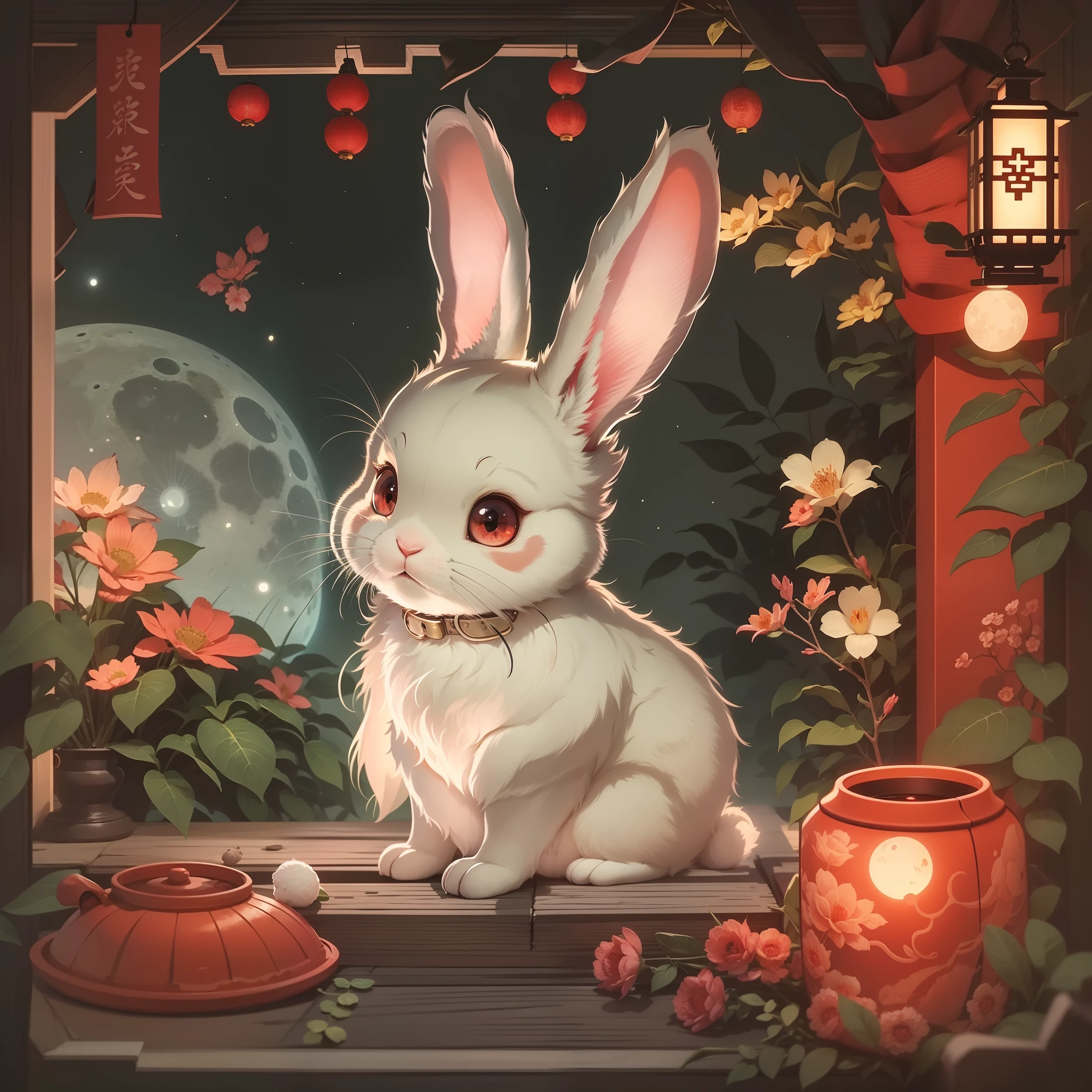 A cute rabbit sticker, red eyes, a full moon, a Chinese Classic Room. It's night but it's bright