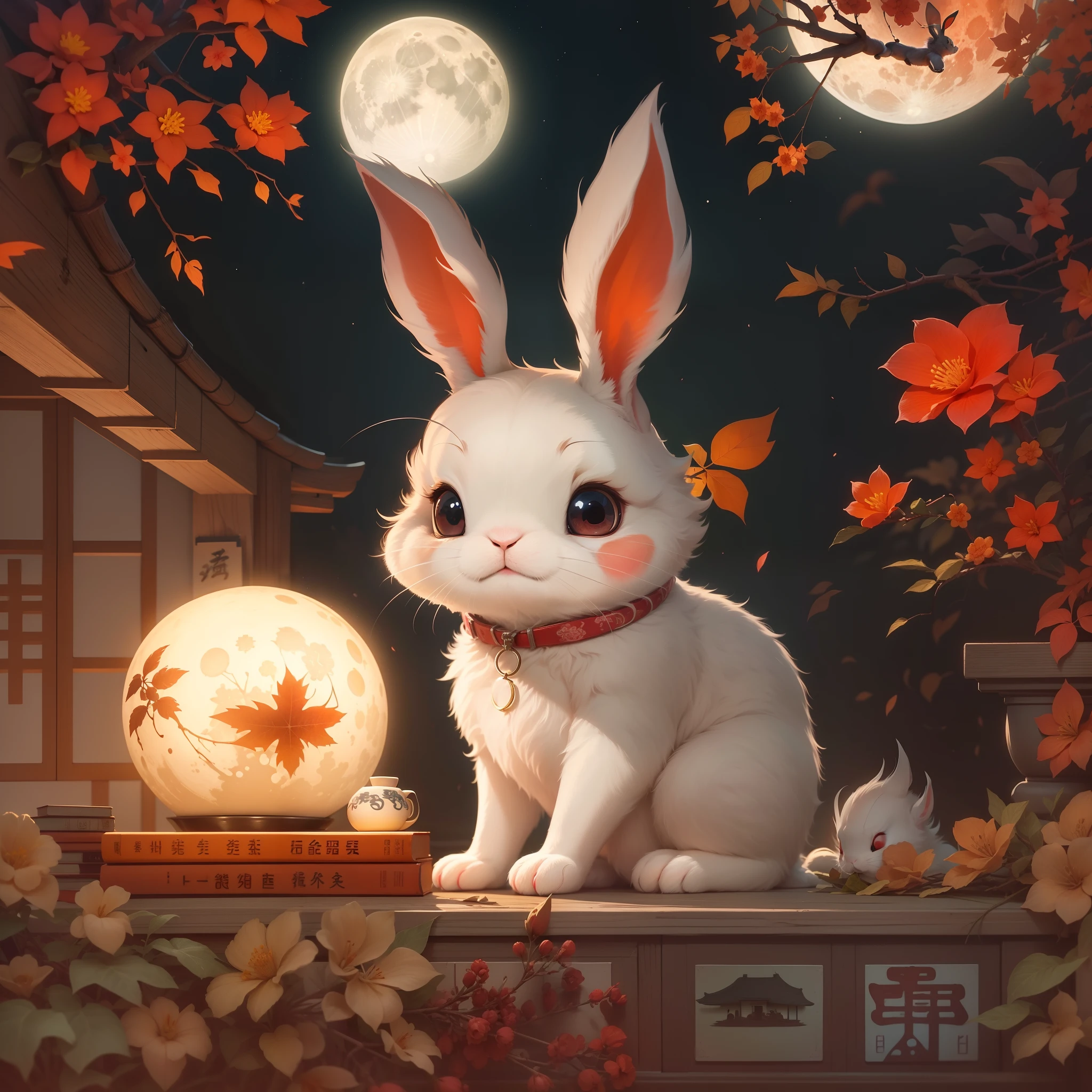 A cute rabbit sticker, red eyes, a full moon, a Chinese Classic Room. It's night but it's bright