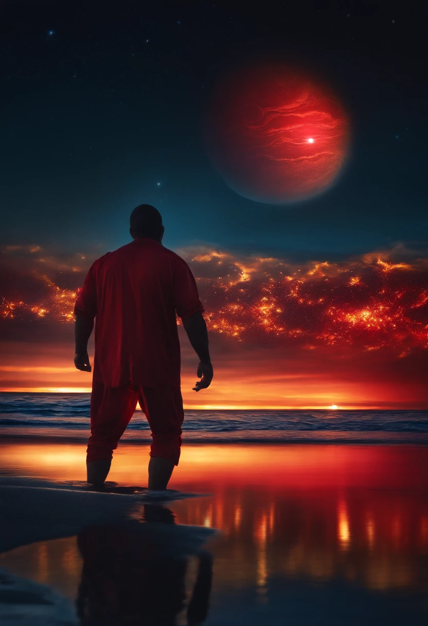 night, blue, ocean, floating, giant, red, planet, gold, reflection, humanoid