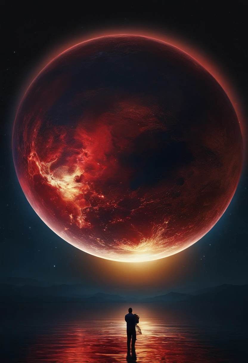 night, blue, ocean, floating, giant, red, planet, gold, reflection, humanoid