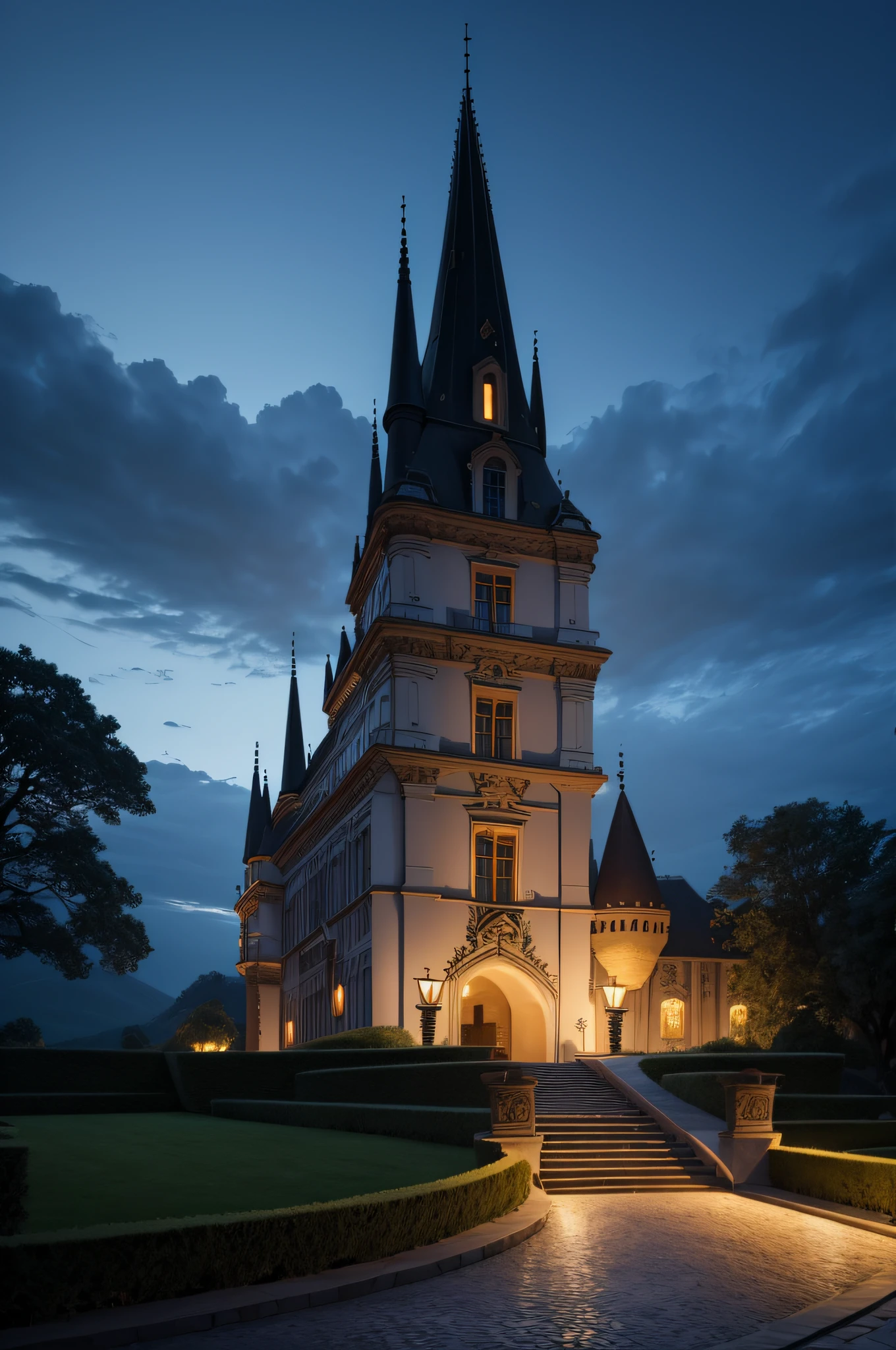 ( UHD ), ( 8K ), ( Perfect ambient lighting ), ( Cores Vivas ), ( Building the Perfect Setting ), ( Textura Real ), ( Obra prima ), transylvanian castle, belo castelo com lindo jardim