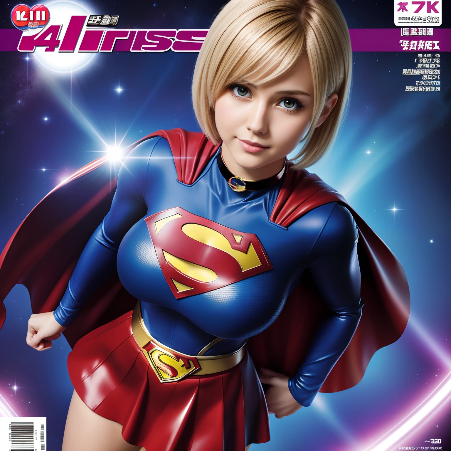 Best Quality,4K,8K,hight resolution,masutepiece:1.2,Ultra-detailed,Photorealistic:1.37,super detailed,Short-haired Supergirl with big breasts and confident gaze, Glossy costume, Choker, Ultra short mini skirt, Magazine Cover, Idol Magazines