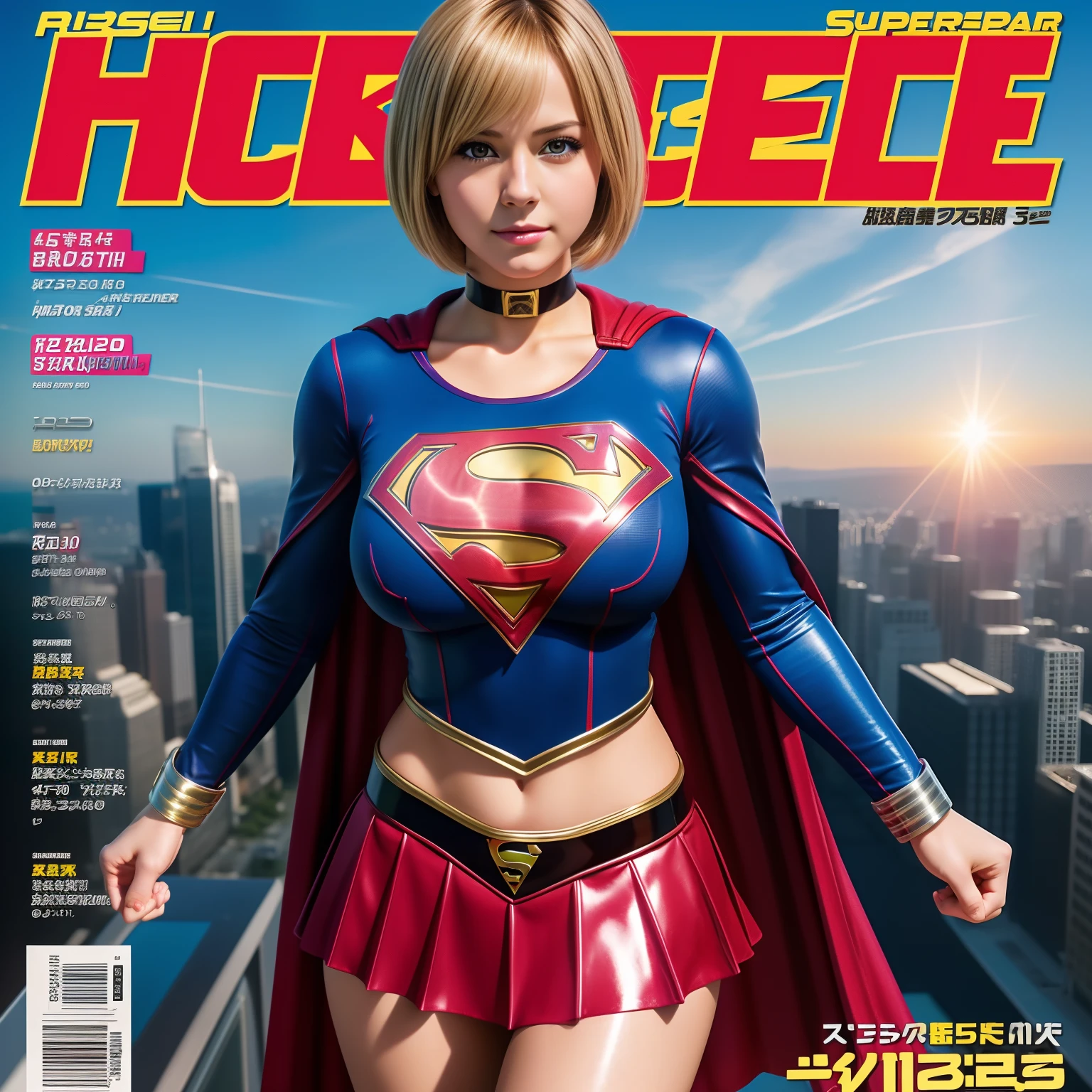 Best Quality,4K,8K,hight resolution,masutepiece:1.2,Ultra-detailed,Photorealistic:1.37,super detailed,Short-haired Supergirl with big breasts and confident gaze, Glossy costume, Choker, Ultra short mini skirt, Magazine Cover, Idol Magazines