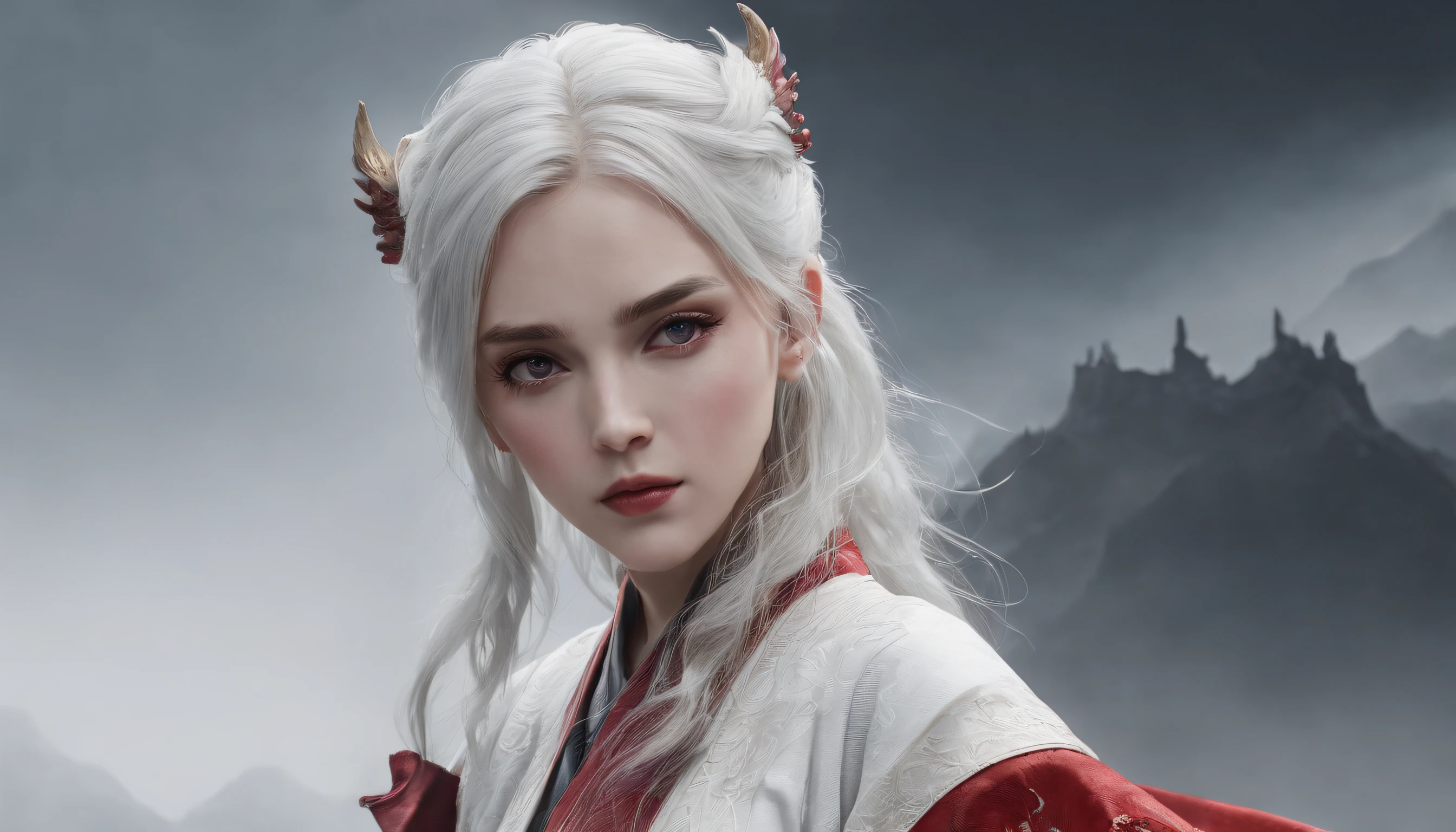 Cirilla Fiona Elen Riannon,动态照明,art stations,poster for,Volumetriclighting,Very detailed faces,4k wallpapers,He has a delicate and beautiful face,long hair flowing,horse tailed,Fringed Hair Ornament,Dynamic perspective,White Hanfu,White gauze flying,red waistband,Sexy,Tradition Chinese Ink Painting,Surrounded by clouds,fog atmosphere,Ride a white dragon,White dragon horn,dynamic viewing angle,电影灯光