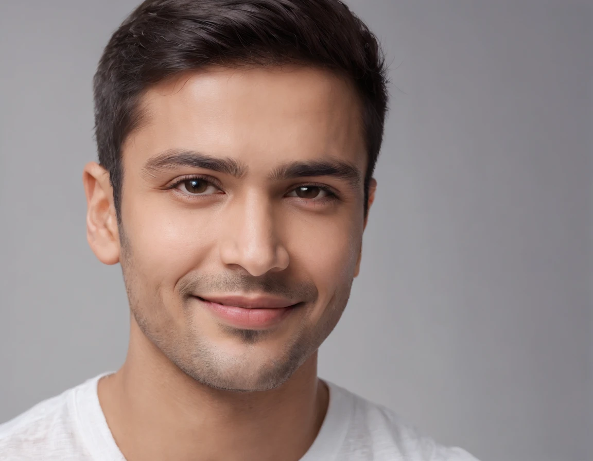 ((Indian Latino)), (Latino man), (photo: 1.3) af (photorealism: 1.3), frontal close-up, soft light, clear face, happy, cheerful, warm light, white t-shirt, (grey and white background), (blank background), (gray wall background) avatar, (short hair), smile, short hair, smile, (close-up)