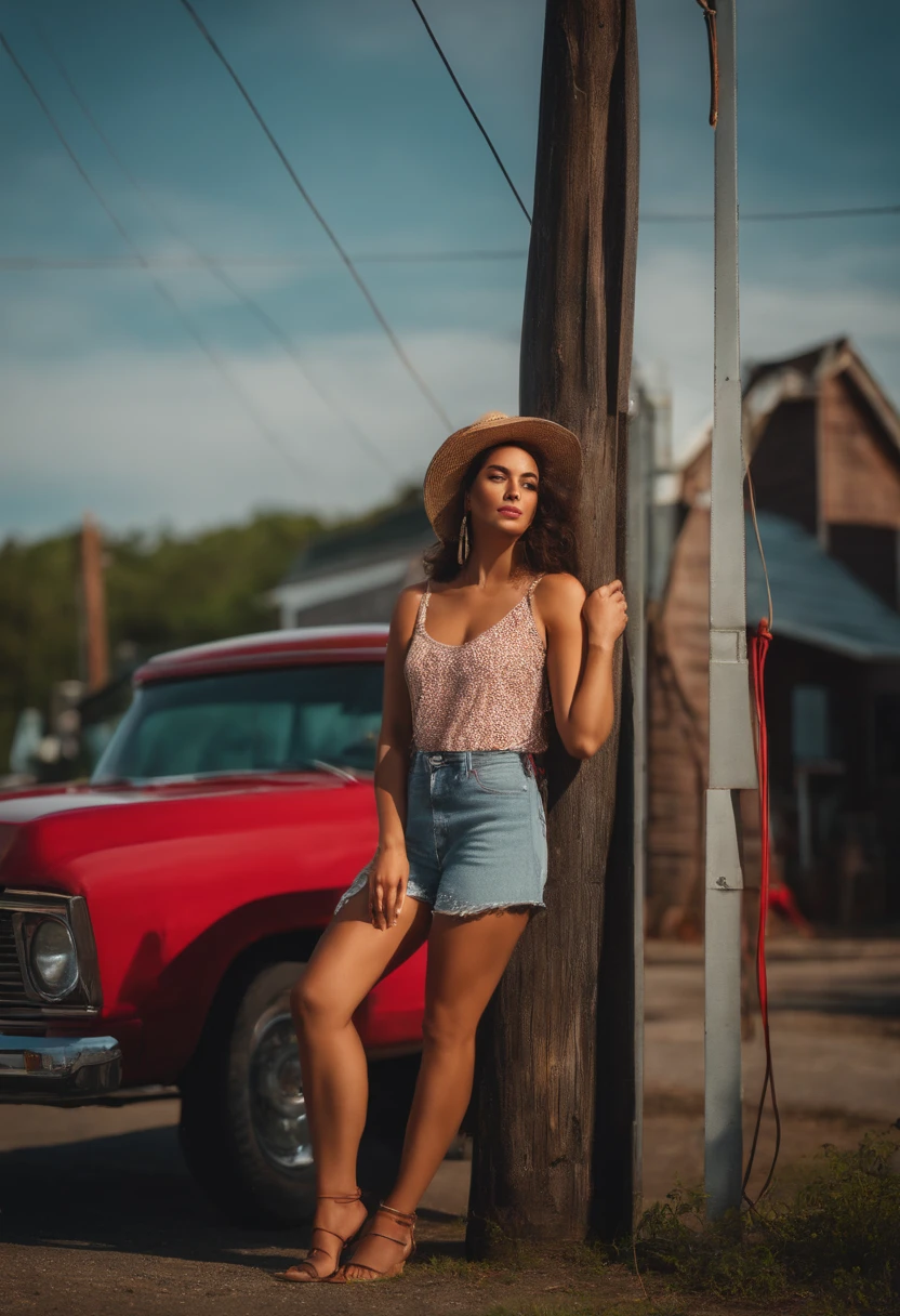 Woman in her 20s wearing summer clothes, leaning against a power pole and waiting for someone