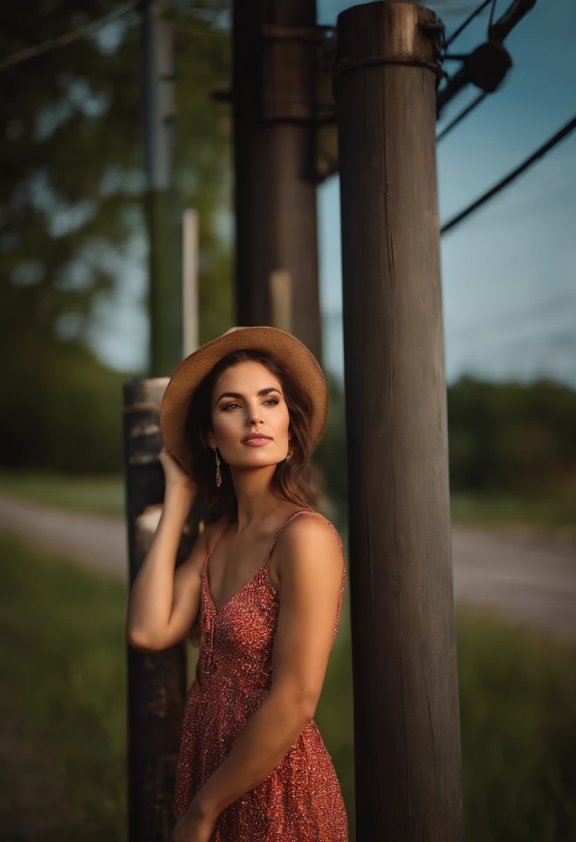 Woman in her 20s wearing summer clothes, leaning against a power pole and waiting for someone