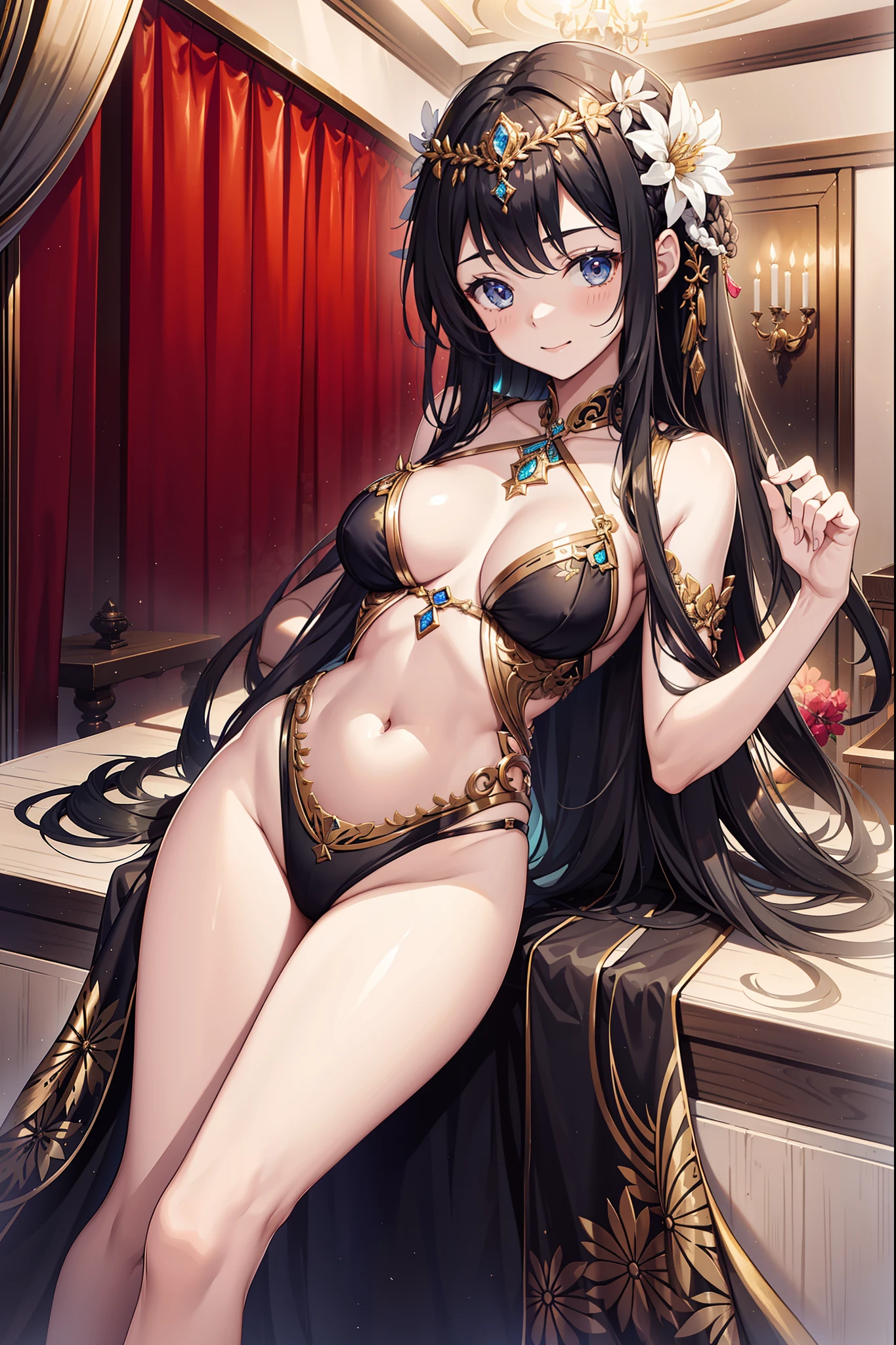 (teens girl),divino,Seductive pose,having fun,Being in love,pale robe,intricate detailed clothes,Pattern,Dark swimsuit,inside in room,solo person,silber hair,(Flower headdress)