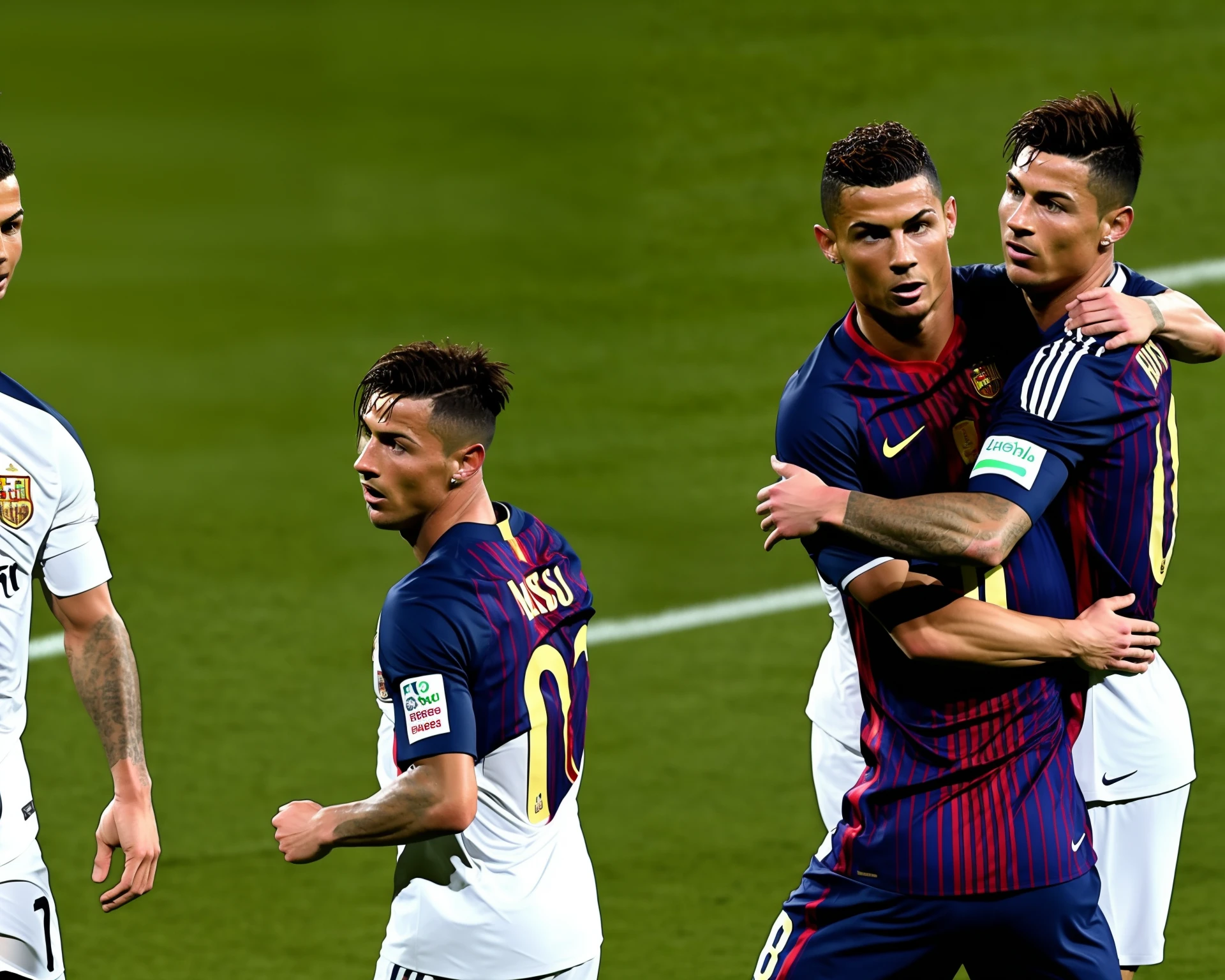 A photorealistic image of Cristiano Ronaldo and Lionel Messi hugging each other on a football pitch, in the center of a packed stadium. The image should be well-lit and in focus, with both players wearing their respective national team jerseys and looking happy and relaxed. The image should be cropped to show Ronaldo and Messi from the waist up, and the background should be blurred to make the players stand out.