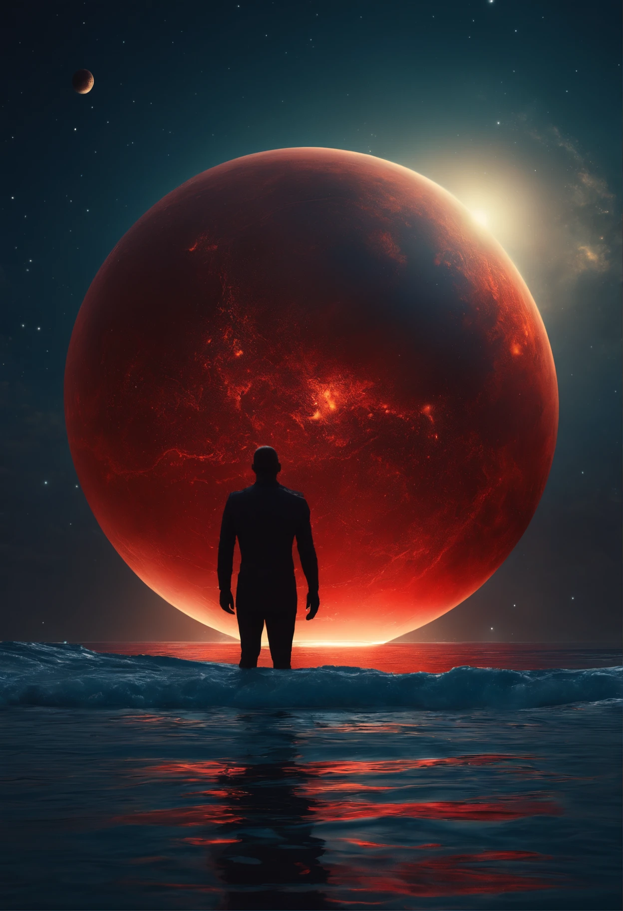 night, blue, ocean, floating, giant, red, planet, gold, reflection, humanoid