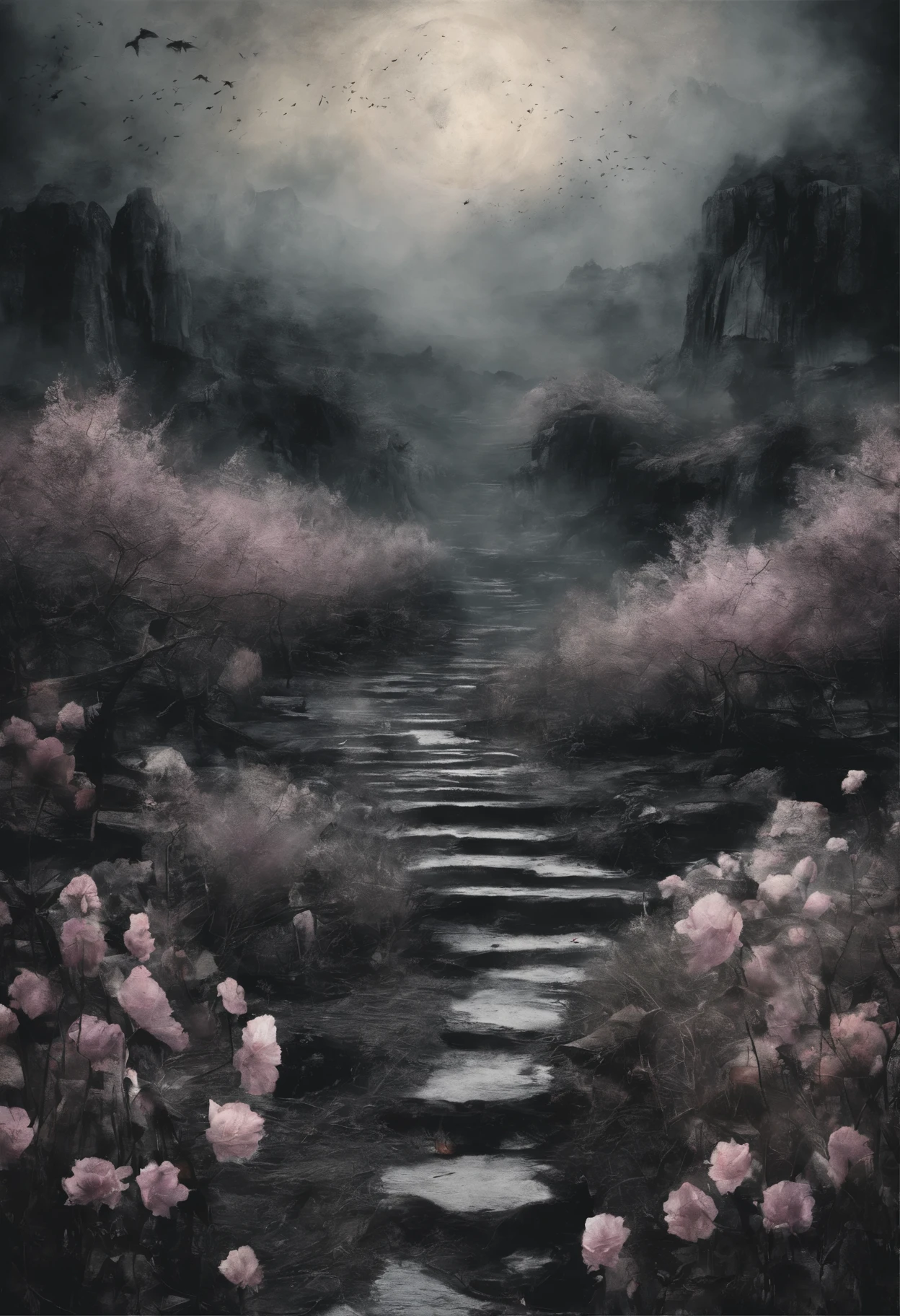 Field with beautiful flowers (close-up cleavage), meditate, Zazen, A meditative (Chinese landscape painting), (ink and watercolor painting), (8k wallpaper), (Light and Shadow Effect), rendering by octane, White balance design, Extremely detailed image representation, Wide angles, depth of fields, masterpiece, realistic, beautifully portrayed, a detailed, accurate, Masterpieces, masterpiece”