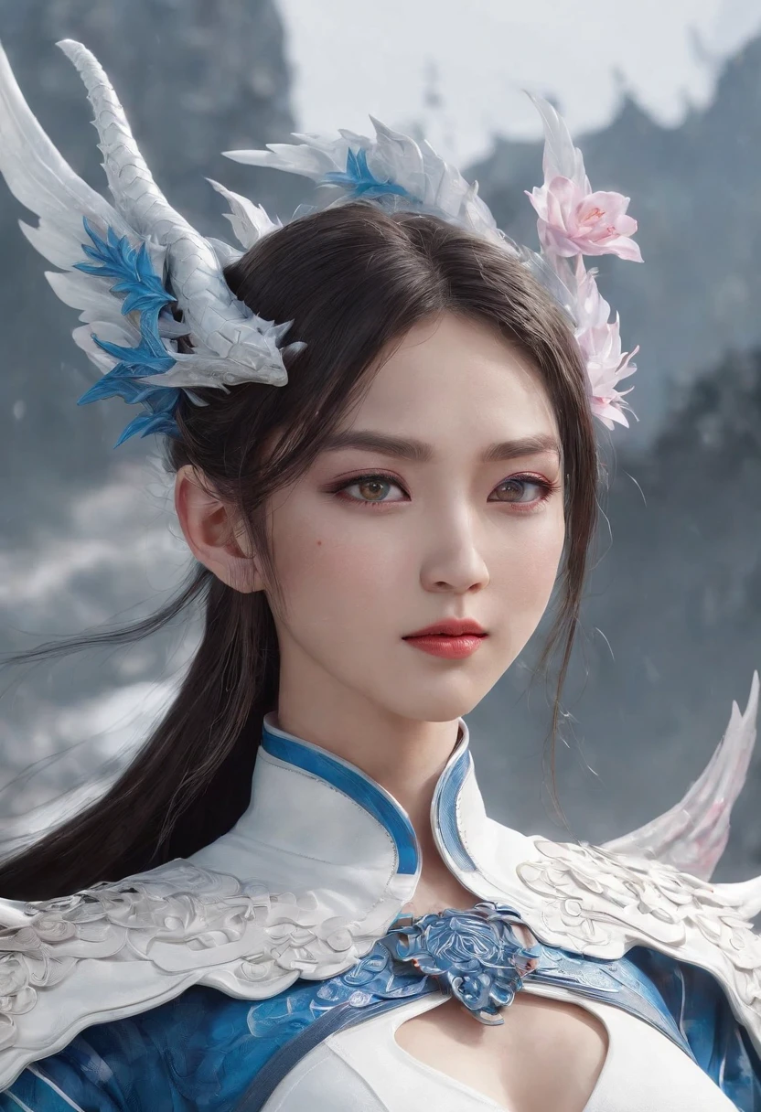 Cirilla Fiona Elen Riannon，Excellent picture quality，Outstanding details，超高分辨率，（Fidelity：1.4）, Prioritize details，Split close-up，Ride the dragon，High-tech robot dragon knight，He has a gentle and beautiful face，（（Blue and white flying semi-mechanical fuselage：1.8）），enhancer，allure，Futuristic city，nevando，Luna，Mechanically beautiful，Virtual Engine 5，Perfect detail，Octane rendering，Гипер HD，Excellent picture quality，Outstanding details，超高分辨率，（Fidelity：1.4）, Prioritize details，Split close-up，Ride the dragon，High-tech robot dragon knight，He has a gentle and beautiful face，（（Blue and white flying semi-mechanical fuselage：1.8）），enhancer，allure，Futuristic city，nevando，Luna，Mechanically beautiful，Virtual Engine 5，Perfect detail，Octane rendering，Гипер HD，动态照明，art  stations，poster for，voluminous lighting，Very detailed faces，4k wallpaper，He has a gentle and beautiful face，Long flowing hair，pony tails，Fringed Hair Ornament，Dynamic perspective，White Hanfu，White gauze flying，Red belt，Sexy，The tradition of Chinese ink painting，surrounded by cloud，cherry blossom，fog atmosphere，Ride the white dragon，White dragon horn，dynamic viewing angle，电影灯光