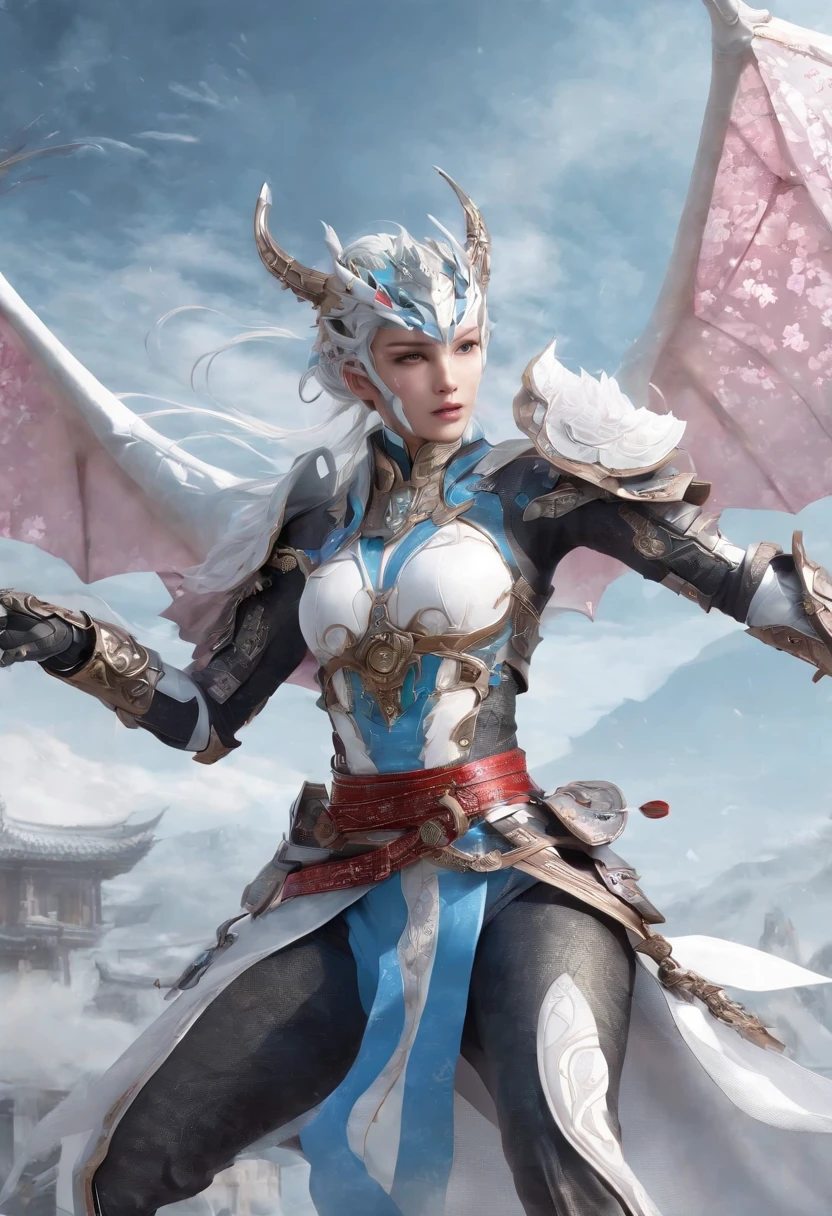 Cirilla Fiona Elen Riannon，Excellent picture quality，Outstanding details，超高分辨率，（Fidelity：1.4）, Prioritize details，Split close-up，Ride the dragon，High-tech robot dragon knight，He has a gentle and beautiful face，（（Blue and white flying semi-mechanical fuselage：1.8）），enhancer，allure，Futuristic city，nevando，Luna，Mechanically beautiful，Virtual Engine 5，Perfect detail，Octane rendering，Гипер HD，Excellent picture quality，Outstanding details，超高分辨率，（Fidelity：1.4）, Prioritize details，Split close-up，Ride the dragon，High-tech robot dragon knight，He has a gentle and beautiful face，（（Blue and white flying semi-mechanical fuselage：1.8）），enhancer，allure，Futuristic city，nevando，Luna，Mechanically beautiful，Virtual Engine 5，Perfect detail，Octane rendering，Гипер HD，动态照明，art  stations，poster for，voluminous lighting，Very detailed faces，4k wallpaper，He has a gentle and beautiful face，Long flowing hair，pony tails，Fringed Hair Ornament，Dynamic perspective，White Hanfu，White gauze flying，Red belt，Sexy，The tradition of Chinese ink painting，surrounded by cloud，cherry blossom，fog atmosphere，Ride the white dragon，White dragon horn，dynamic viewing angle，电影灯光