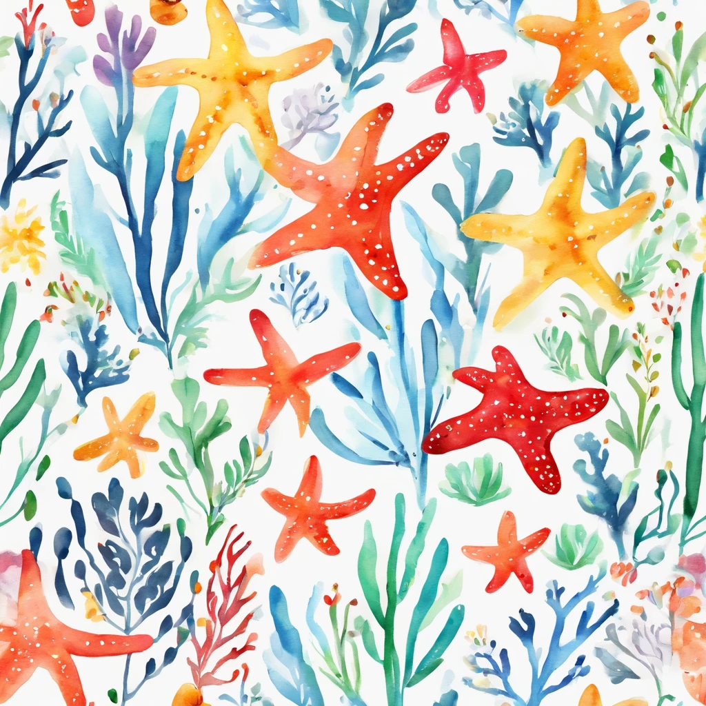 simple, vector, 4k, cheerful, flat background, illustration, under water, sea, kids background, colorful, reef, flat color, starfish, seamless