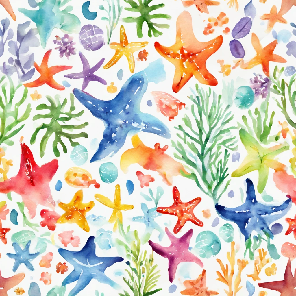 simple, vector, 4k, cheerful, flat background, illustration, under water, sea, kids background, colorful, reef, flat color, starfish, seamless
