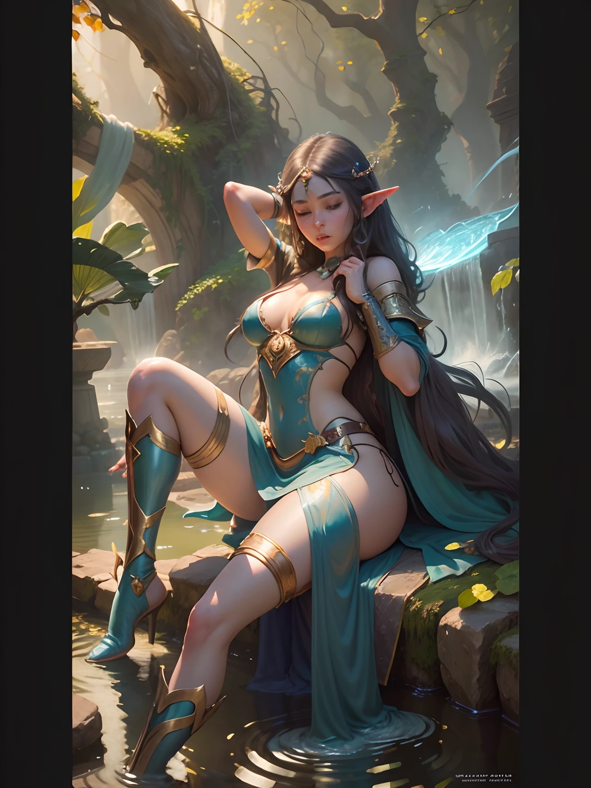 Elf girl guarding the fountain of youth, skimpy silk like gaussian robe and shin guards, mouth closed 24k resolution, professional oil paint artist, highly detailed, hyperdetailed, bordering on photorealism, fantasy art style of Keith Parkinson