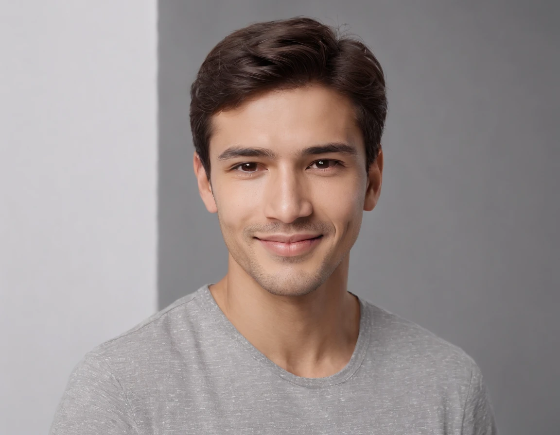 ((South American Latino)), (Latino man), (photo: 1.3) af (photorealism: 1.3), frontal close-up, soft light, clear face, happy, cheerful, warm light, white T-shirt, (grey and white background), (blank background), (gray wall background) avatar, (short hair), smile, short hair, smile, (close-up)