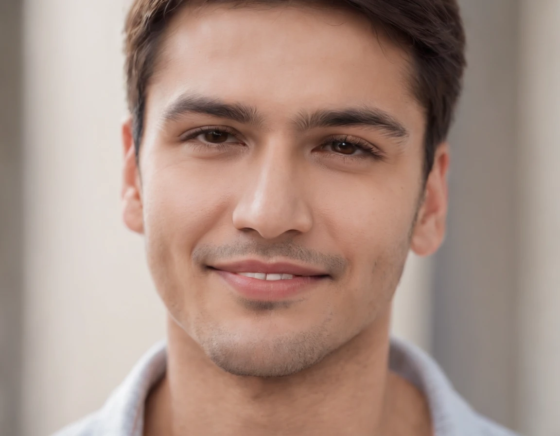 ((South American Latino)), (Latino man), (photo: 1.3) af (photorealism: 1.3), frontal close-up, soft light, clear face, happy, cheerful, warm light, white T-shirt, (grey and white background), (blank background), (gray wall background) avatar, (short hair), smile, short hair, smile, (close-up)
