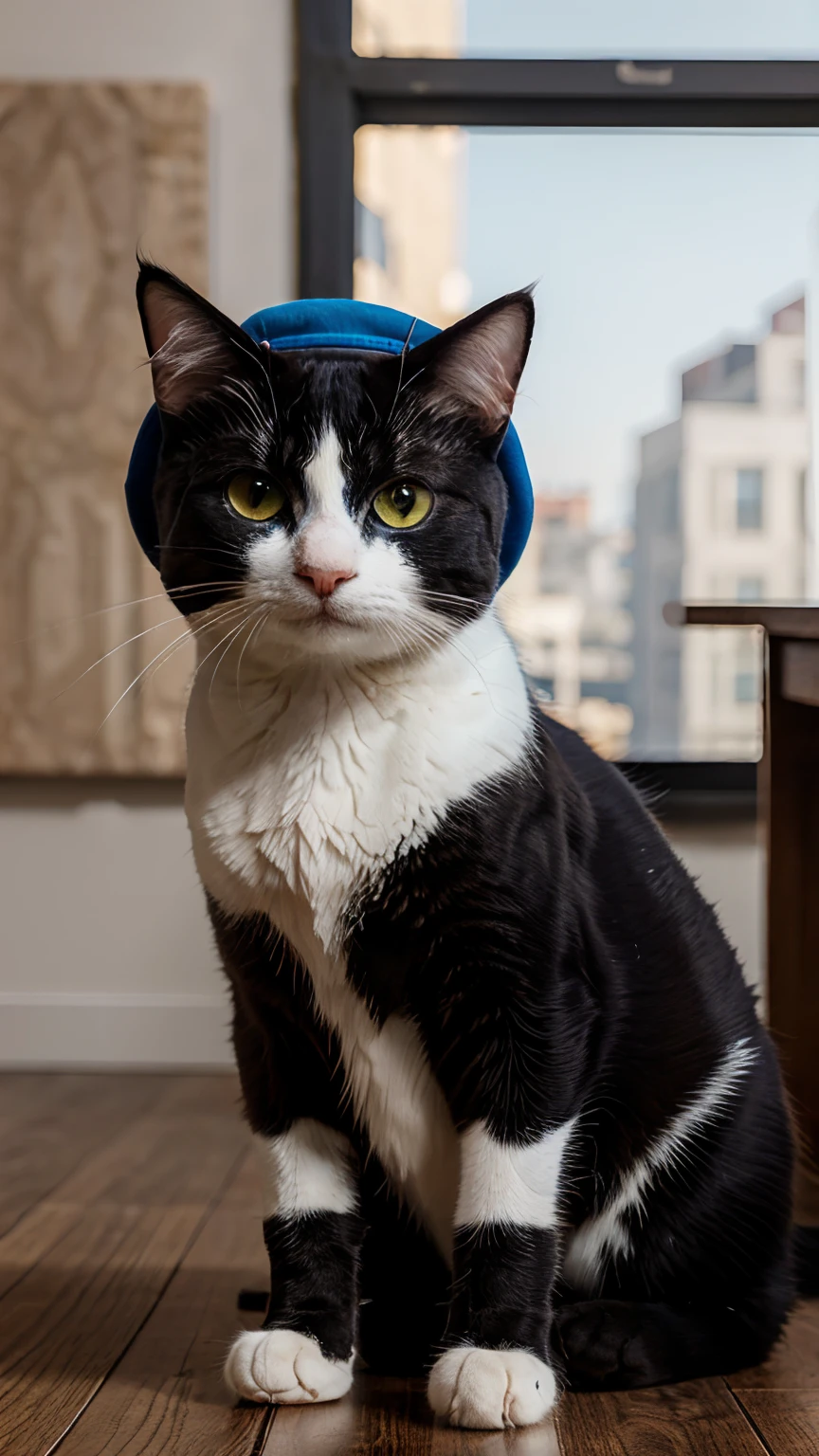 (best quality:1.33), (masterpiece:1.42), (realistic:1.24), (detailed:1.15), Cute cat blue eyes, wearing a hat, wearing gloves ) big eyes,,, volumetric lighting, global illumination, raytracing, detailed hyperrealism, heart sign on the chest of the cat