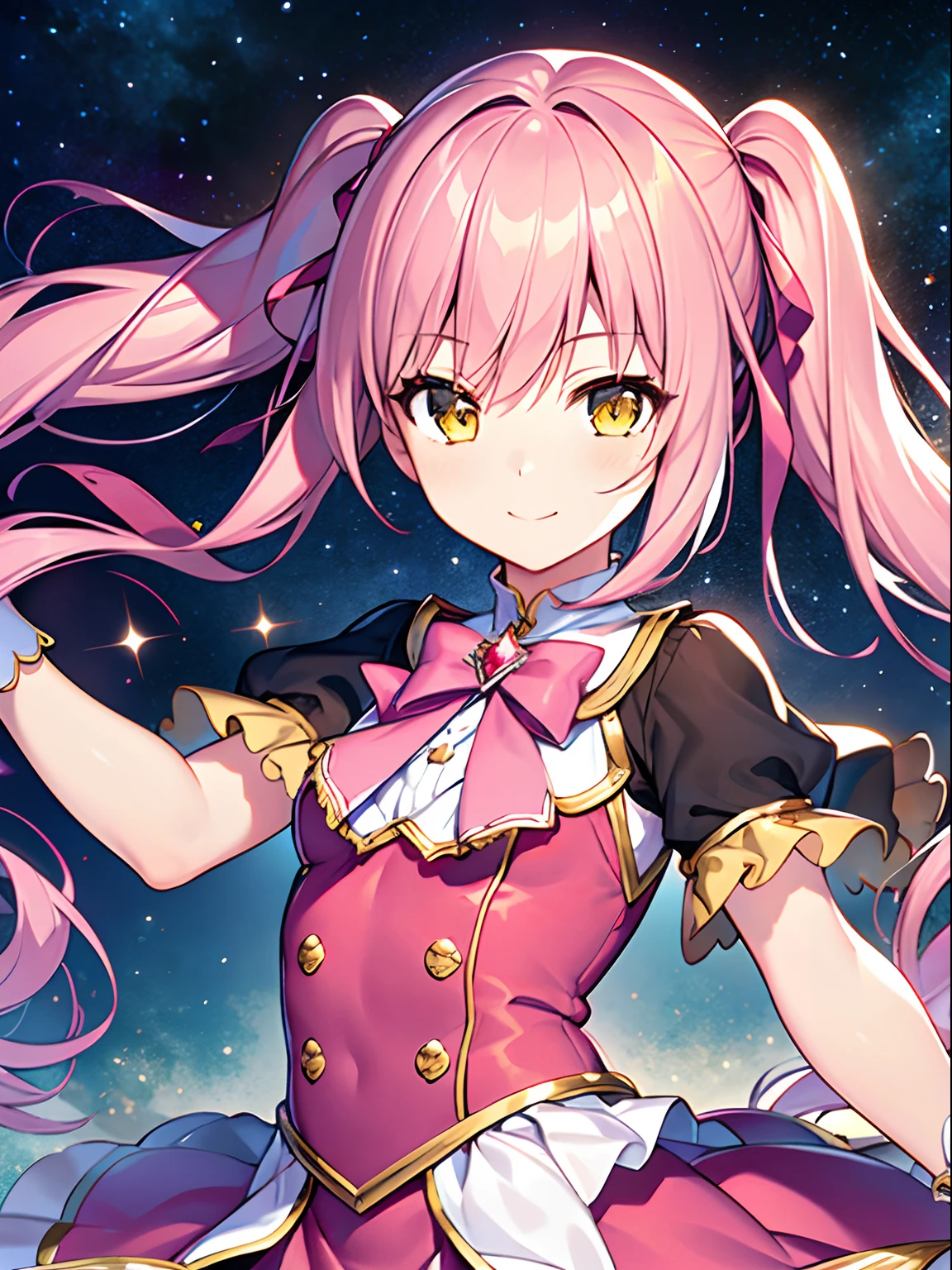 Highly detailed and realistic CG, Colorful, game cg, Best Quality, magnificent, jewel-like eyes, 1girl, solo, pink hair, long hair, twintails, magicalgirl, magicaldress, pink clothes, white tights, black boots, happy smile, closed mouth, baby face, round face, powder light, starry sky, upper body, yellow eyes, clock face in eyes,