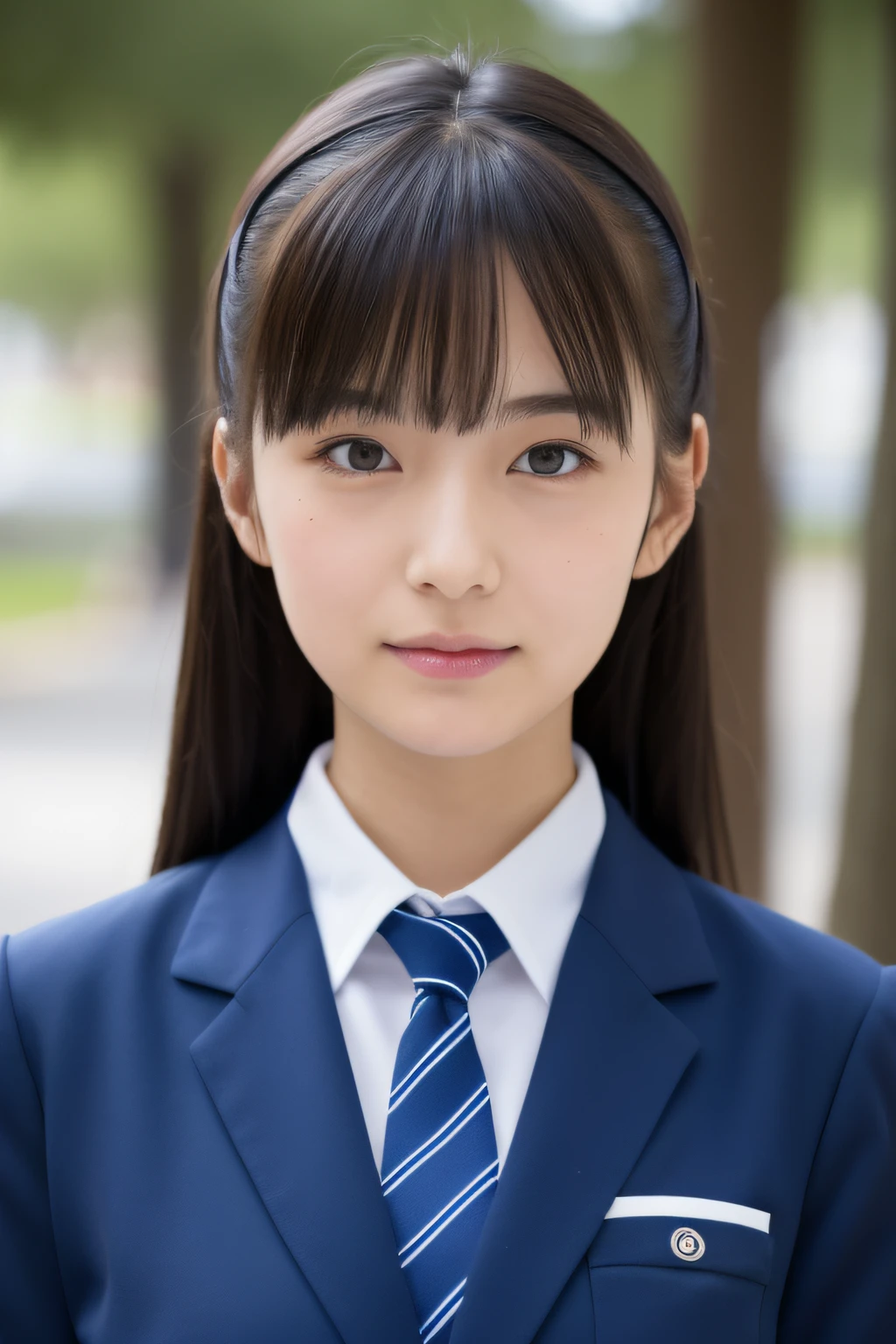 one beautiful girl、Dark blue blazer 、A dark-haired、schools、early morning、ars、smile at the viewer,