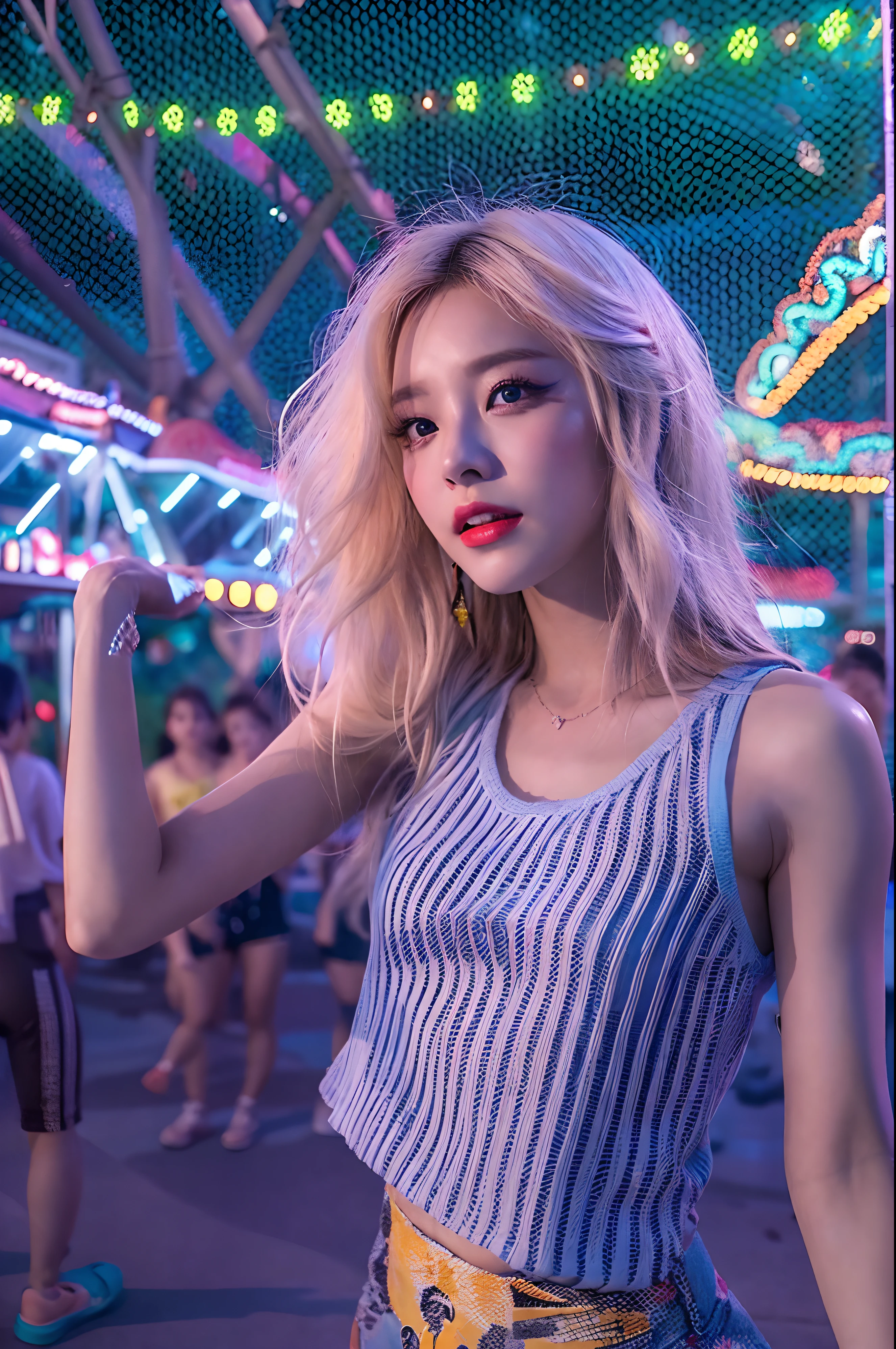 1girl in, Super beautiful girl, Dream Girl, Wearing blue, ulzzangs, Dancing, Concert in amusement park in the background, Lightning in the sky, Ultra Details, A hyper-realistic, Cinematic , Octane Render, 16 K,a blond