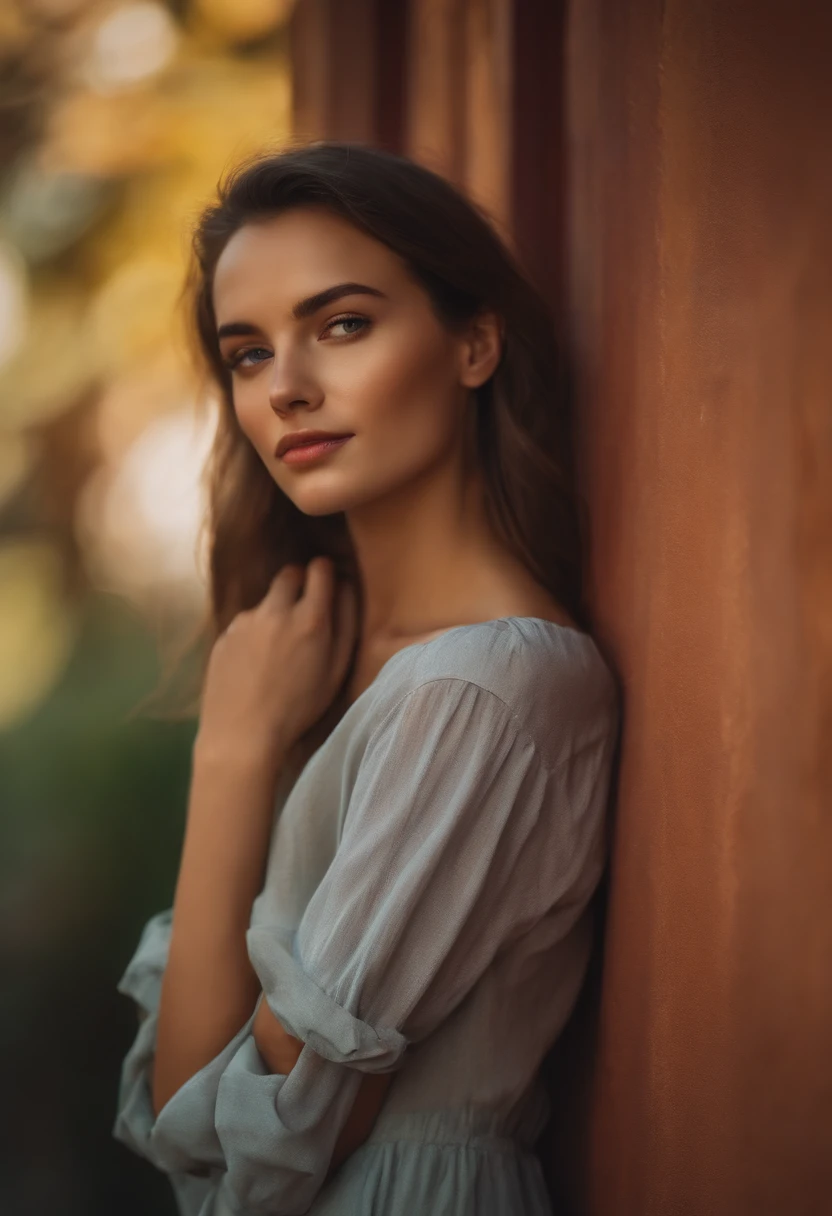 A young woman with a pretty face and body looking at me, slender and dressed coolly in summer clothes, leaning against a wall waiting for someone