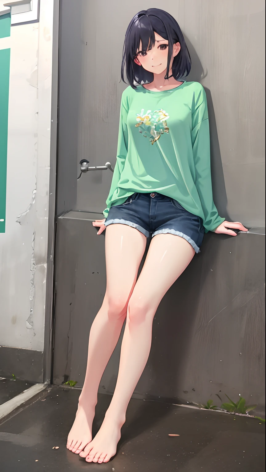 1girll, 独奏, Light green shirt, Barefoot,exposing thighs,black undersuit, denim short,,Chest exposed