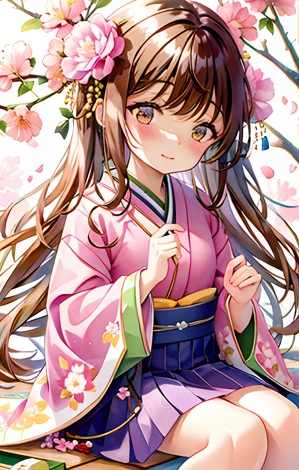 1 Chibi Girl, bangss, red blush, branch, brown_eyes, brown_hair, camellia, cherry_blossoms, Daisy, eyebrows_visible_through_hair, floating_hair, floral_background, floral_print, florals, flower_\(Symbols\), frilld, hair_flower, hair_ornament, hakama, hakama_skirt, flower viewing, hat_flower, holding_flower, hortensia, in_tree, japanese_clothes, kimono, lily_\(florals\), lily_pad, long_hair, long_sleeves, looking_at_viewer, lotuses, marker_\(midiam\), plein air, painting_\(midiam\), flower petals, pink_flower, pink_hair, pink_theme, plum_blossoms, purple_flower, bow ribbon, sakura_miku, sitting_in_tree, skirt by the, 独奏, spring_\(season\), is standing, tears, traditional_media, The tree, very_long_hair, watercolor_\(Curly\), white_flower, wide_sleeves, wisteria