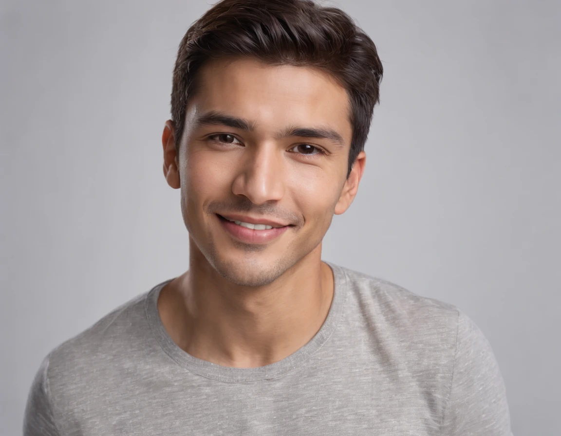 ((South American Latino)), (Latino man), (photo: 1.3) af (photorealism: 1.3), frontal close-up, soft light, clear face, happy, cheerful, warm light, white T-shirt, (grey and white background), (blank background), (gray wall background) avatar, (short hair), smile, short hair, smile, (close-up)