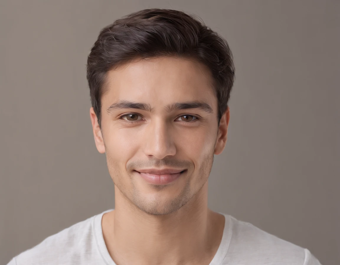 ((South American Latino)), (Latino man), (photo: 1.3) af (photorealism: 1.3), frontal close-up, soft light, clear face, happy, cheerful, warm light, white T-shirt, (grey and white background), (blank background), (gray wall background) avatar, (short hair), smile, short hair, smile, (close-up)