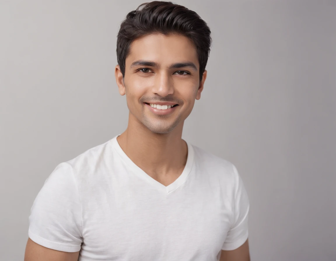 ((Indian Latino)), (Latino man), (photo: 1.3) af (photorealism: 1.3), frontal close-up, soft light, clear face, happy, cheerful, warm light, white t-shirt, (grey and white background), (blank background), (gray wall background) avatar, (short hair), smile, short hair, smile, (close-up)