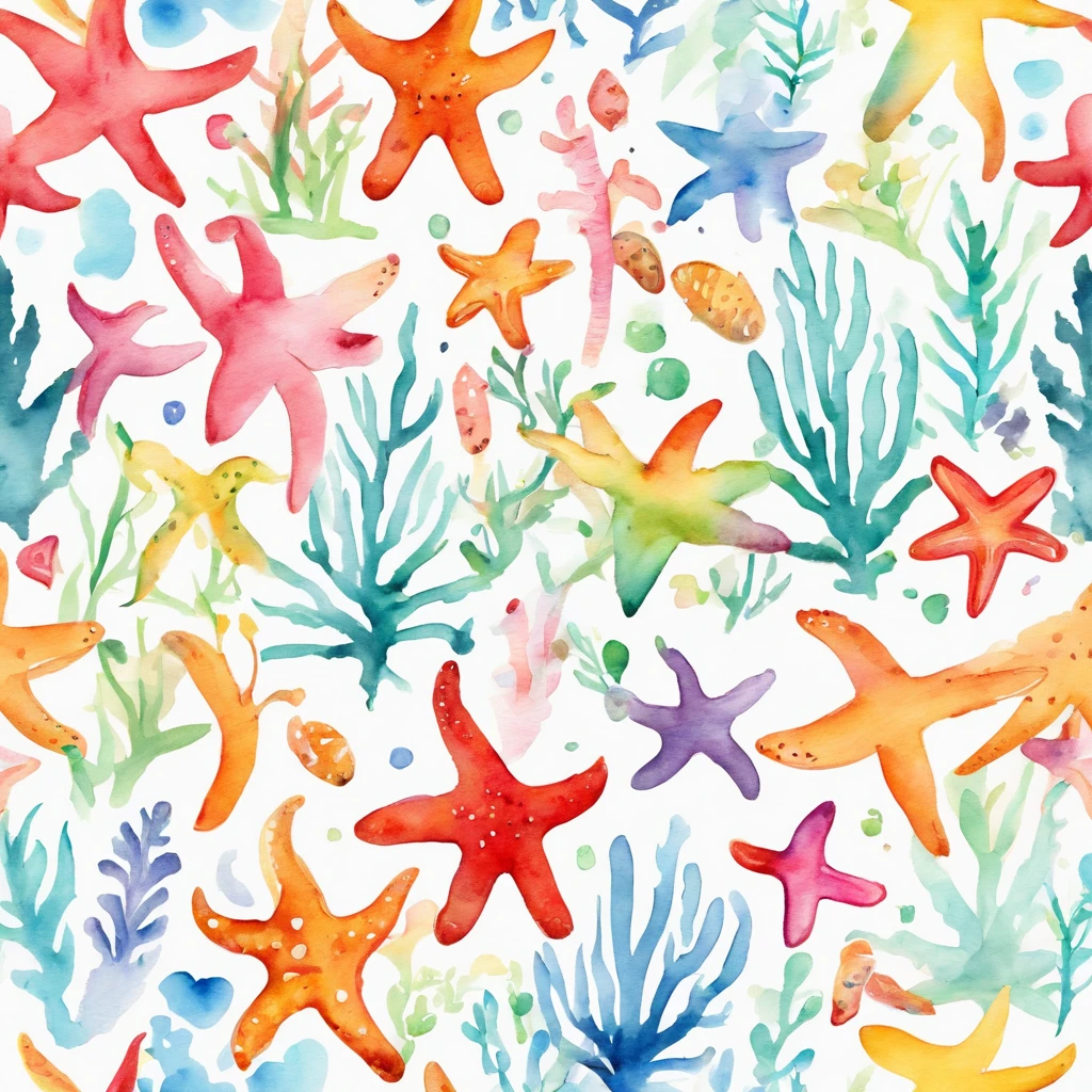 simple, vector, 4k, cheerful, flat background, illustration, under water, sea, kids background, colorful, reef, flat color, starfish, seamless
