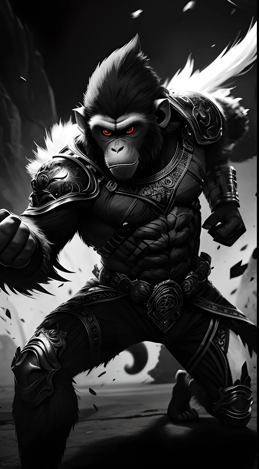 monkey mask creature, weapon master style, black and white colors, fighting pose, full body, Animal Anthropomorphism, realistic digital, humanoid, abstract background, global illumination, intricate, epic, dramatic, masterpiece, high detail, best quality, ultra high res